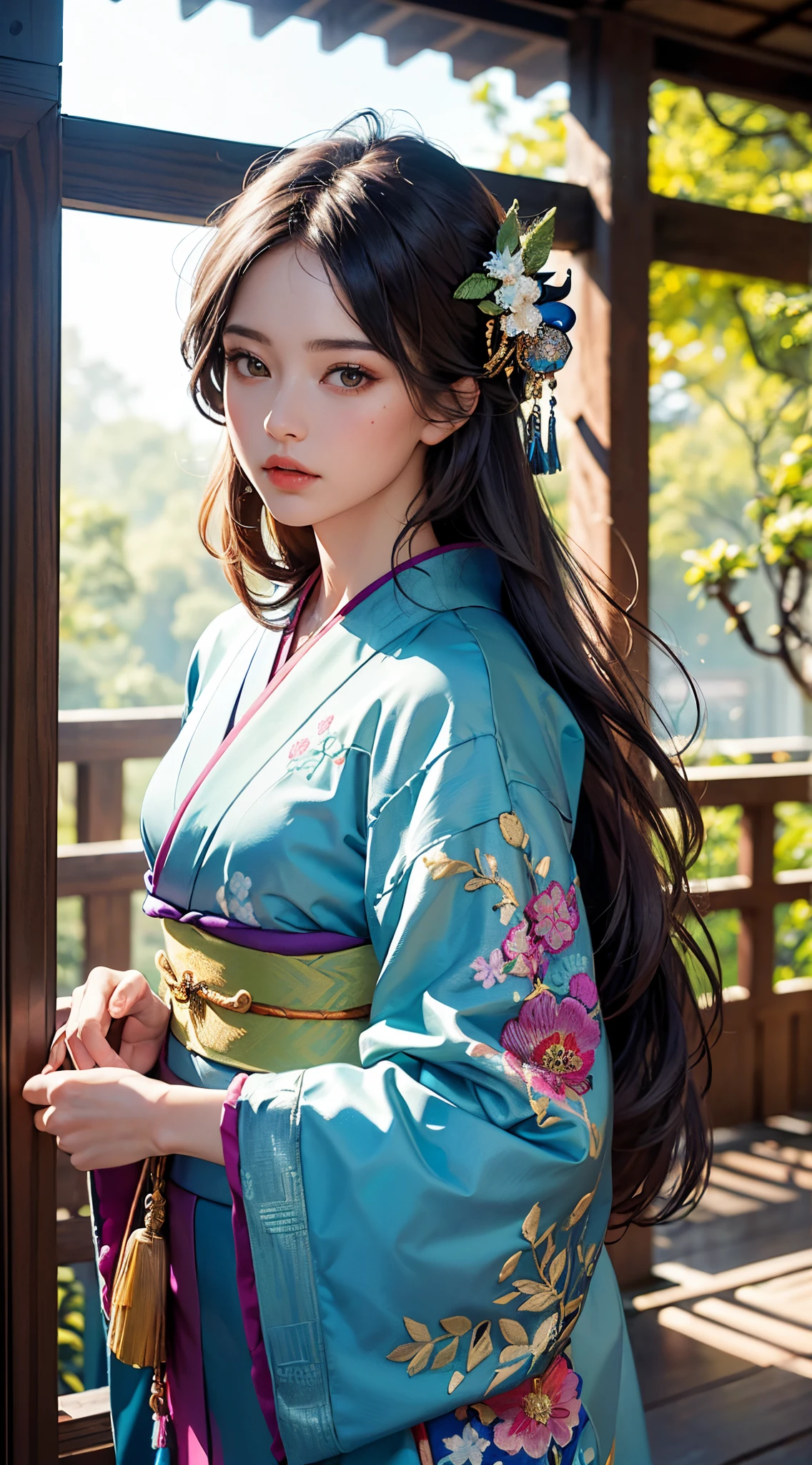 (masterpiece, top quality, best quality, official art, beautiful and aesthetic:1.2), (1girl),elaborate costume(Luxurious Japan kimono(Colorful kimono(detailed embroidery))), extreme detailed,(fractal art:1.3),colorful,highest detailed