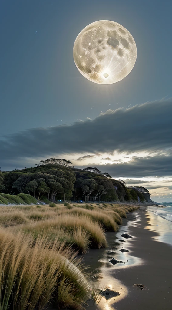 New Zealand beach with tall grass and breeze at midnight full moon in the sky