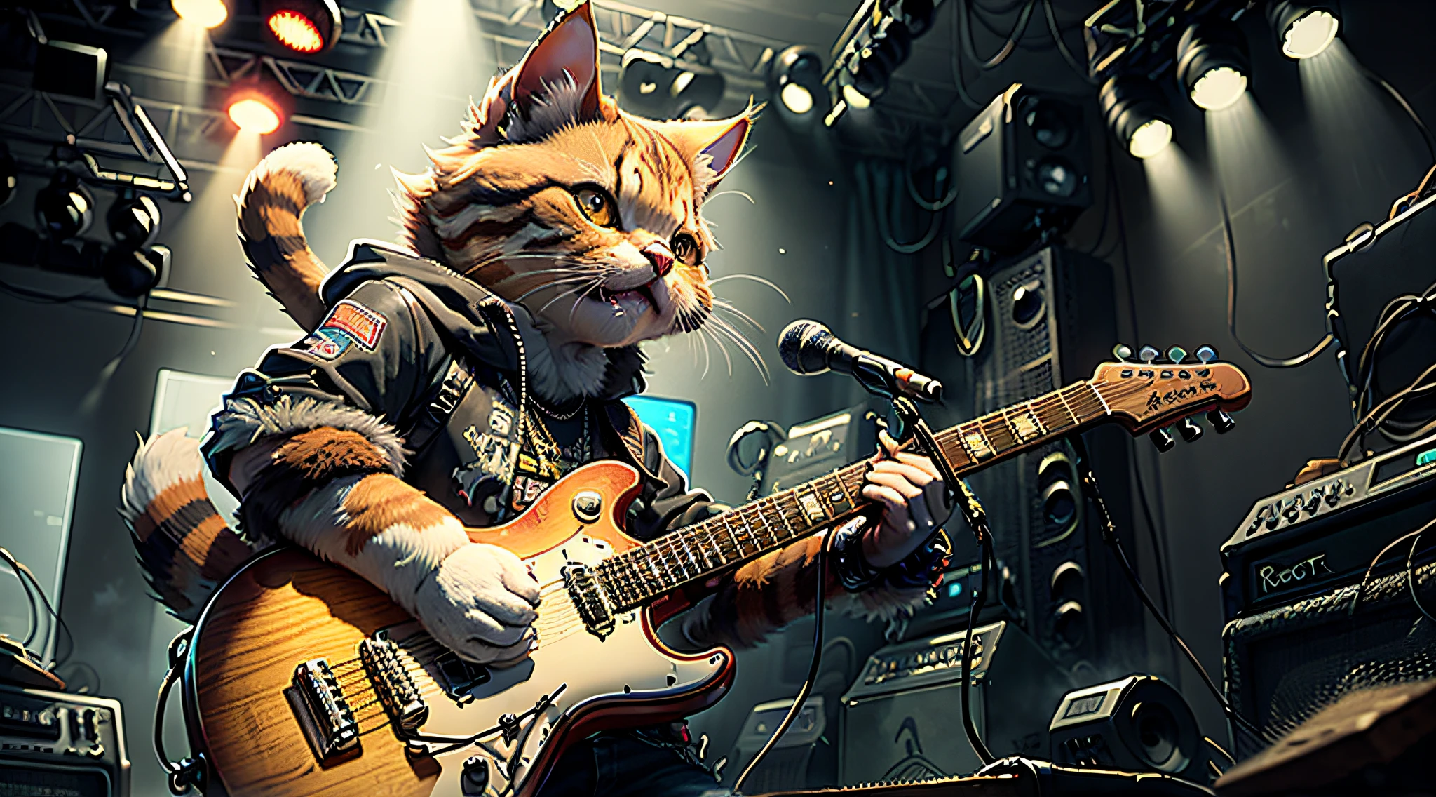 c4tt4stic,Cartoon of a rock singer playing an electric guitar、Chien Thai cat(Des performances intenses)