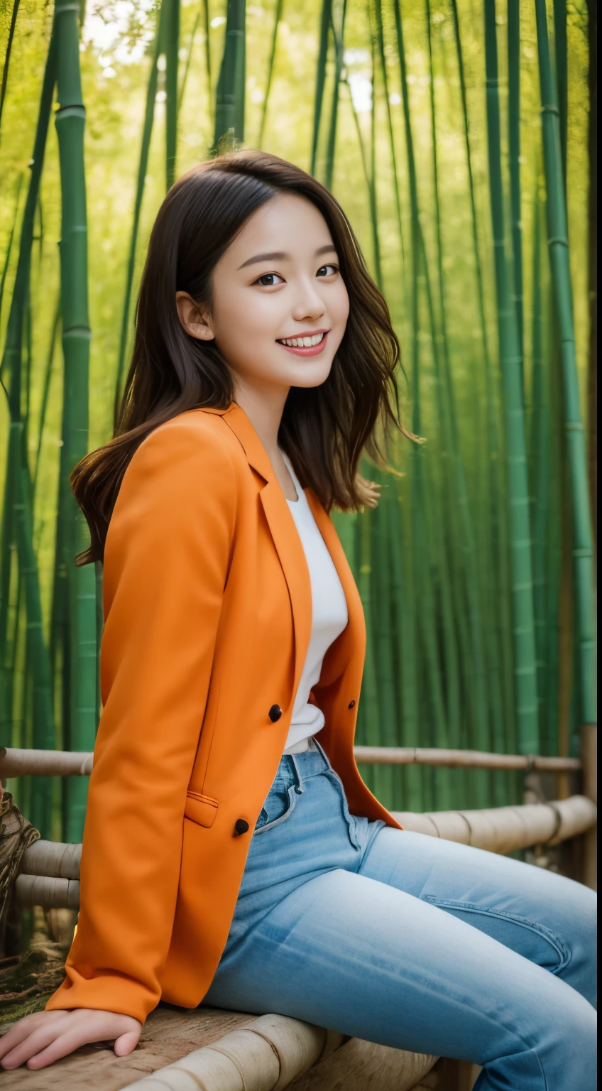 On a vibrant autumn afternoon,Figure 1 is from the highest quality 8K masterpiece.3,Shows a 19 year old girl。She is wearing an orange blazer and skinny jeans,Sitting quietly in the bamboo forest。Sunlight shines through mottled bamboo leaves,A layer of soft light and shadow enveloped her body。Her skin looks fairer in the sun,Contrast with orange blazer。 from this angle,we can see the girl'of the whole body。She is slim and healthy,This sportswear suits her figure very well,show her energetic image。Her legs spread naturally,Cross your hands at your waist,appear confident and powerful。 That girl'The eyes are bright and determined,smiling and looking into the camera,It seems to be telling a story about struggle and hard work.。Her smile is like the autumn sunshine shining in the bamboo forest,Make people feel the vitality of youth and vitality of life。in this picture,We seem to feel her inner determination and love for life。 Surrounded by dense bamboo forest,Abundant greenery,The river is gurgling,Create dynamic scenes with girls。This scene is like a passionate poem,Telling about the beautiful time in autumn afternoon。