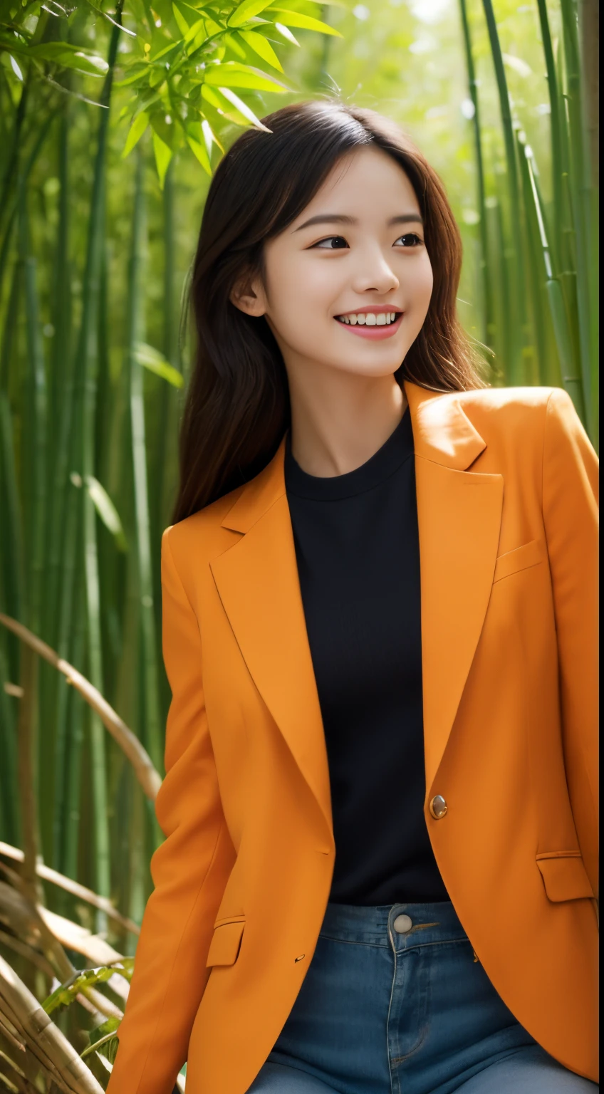 On a vibrant autumn afternoon，Figure 1 is from the highest quality 8K masterpiece.3，Shows a 19 year old girl。She is wearing an orange blazer and skinny jeans，Sitting quietly in the bamboo forest。Sunlight shines through mottled bamboo leaves，A layer of soft light and shadow enveloped her body。Her skin looks fairer in the sun，Contrast with orange blazer。 from this angle，we can see the girl&#39;of the whole body。She is slim and healthy，This sportswear suits her figure very well，show her energetic image。Her legs spread naturally，Cross your hands at your waist，appear confident and powerful。 That girl&#39;The eyes are bright and determined，smiling and looking into the camera，It seems to be telling a story about struggle and hard work.。Her smile is like the autumn sunshine shining in the bamboo forest，Make people feel the vitality of youth and vitality of life。in this picture，We seem to feel her inner determination and love for life。 Surrounded by dense bamboo forest，Abundant greenery，The river is gurgling，Create dynamic scenes with girls。This scene is like a passionate poem，Telling about the beautiful time in autumn afternoon。