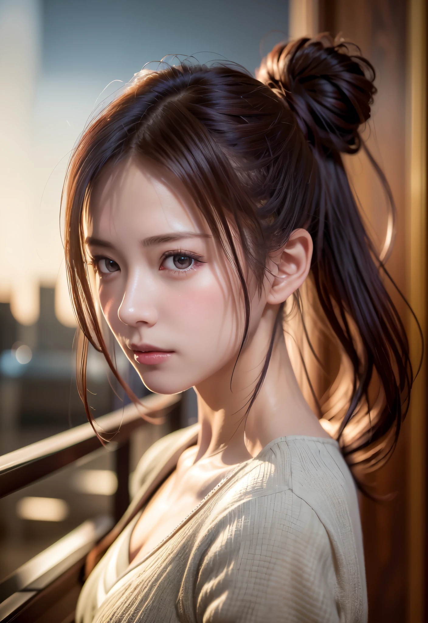 8K, of the highest quality, masutepiece:1.2), (Realistic, Photorealsitic:1.37), of the highest quality, masutepiece, Beautiful young woman, embarrassed look, Hair tied back, Kamimei、Messy mood, Cinematic background, Tired, Light skin tone