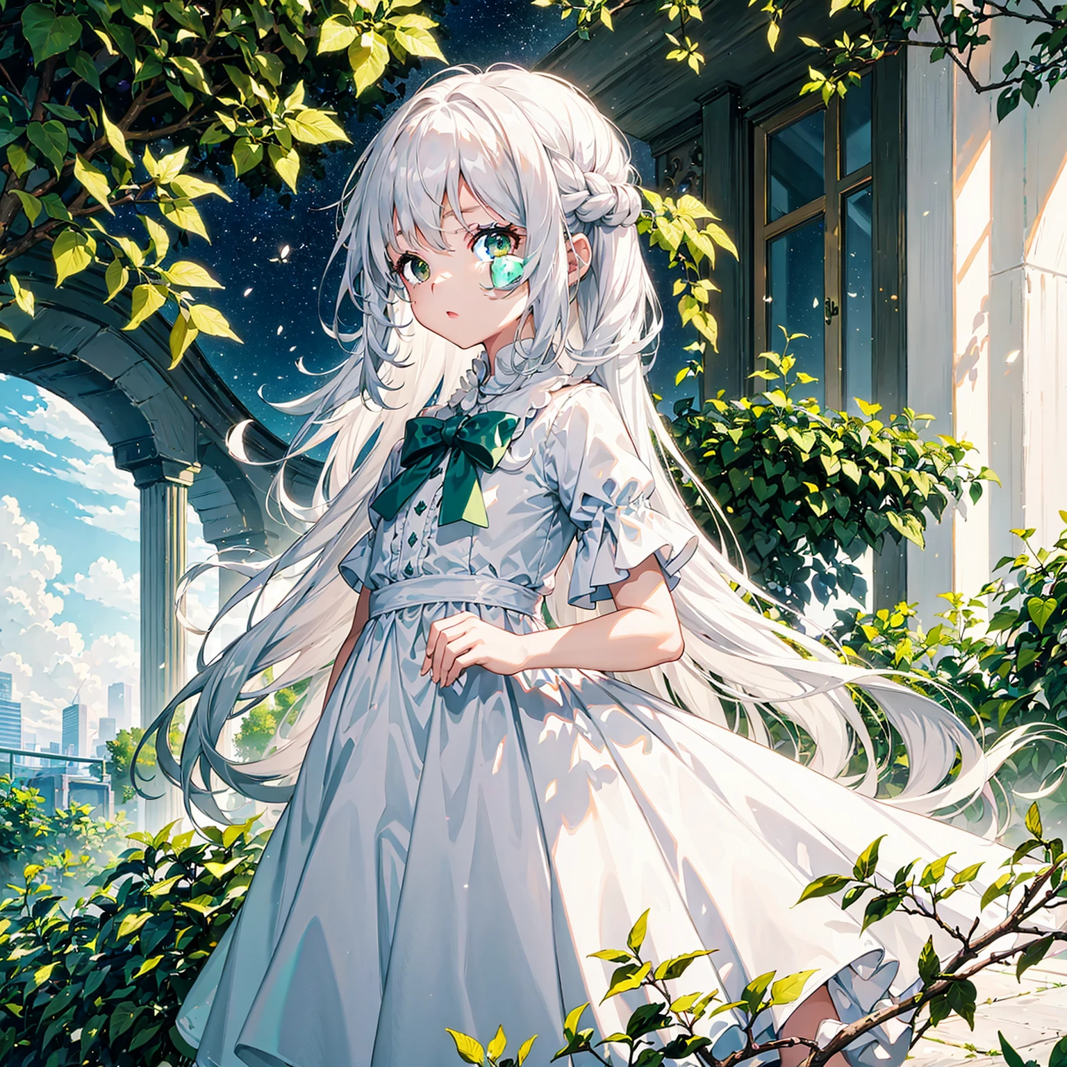 1 girl(5s old),long white hair,ephemeral green eyes,wearing a white blouse