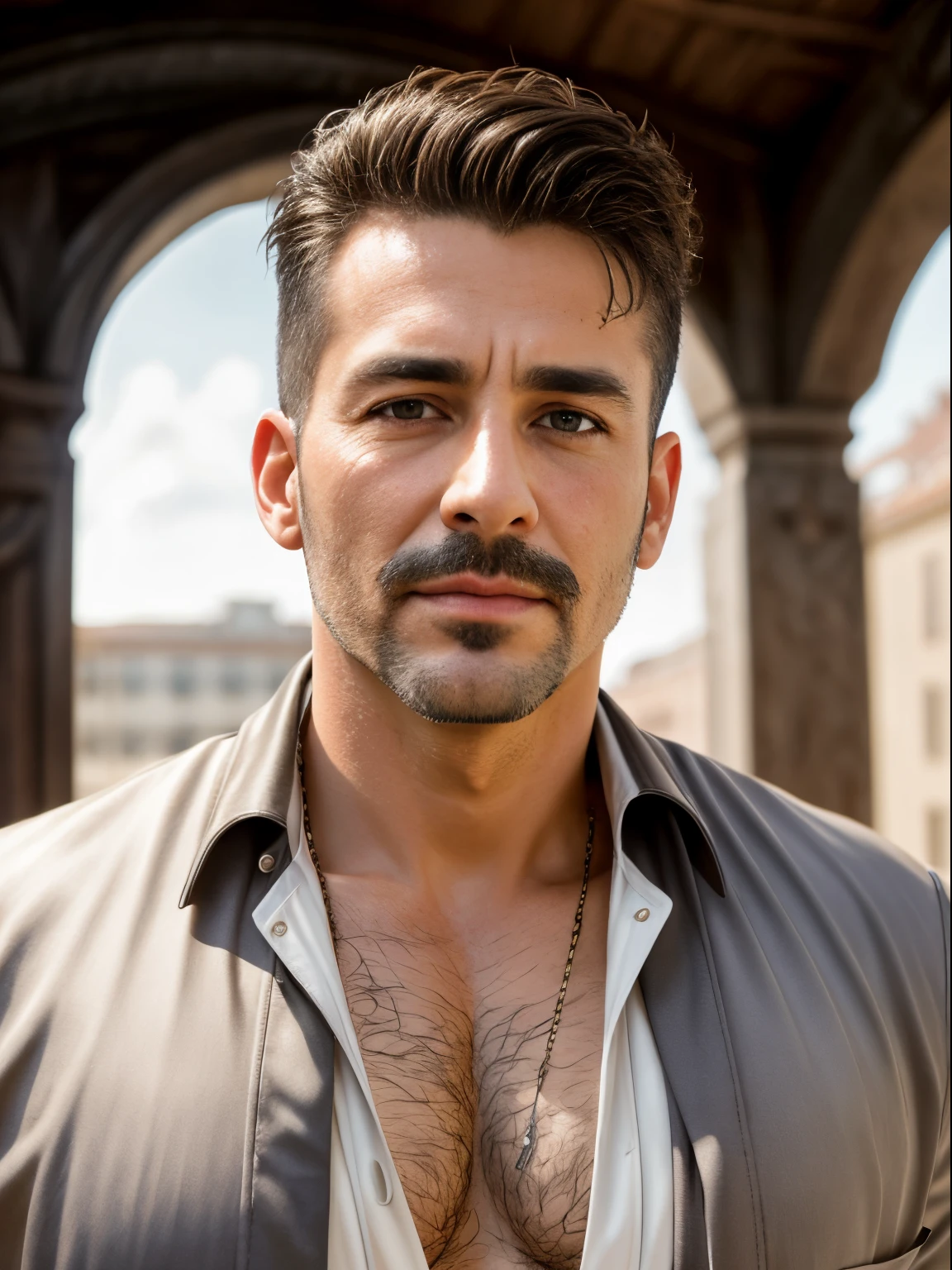 masterpiece, best quality, high resolution, closeup portrait, male focus, solo focus, A man, 45 years old, in unbuttoned priest unifrom, priest, messy short hairstyle, cute and seductive face, bare chest, body hair, facial hair, roman nose, very skinny body, hairy legs, dimples, trimmed short beard and mustache, bold jawline, unbuttoned clothes, in the background a priest office,  sexy and seductive dominant pose, view from below, soft light, amazing composition, front view, HDR, ultra quality, elegant, highly detailed