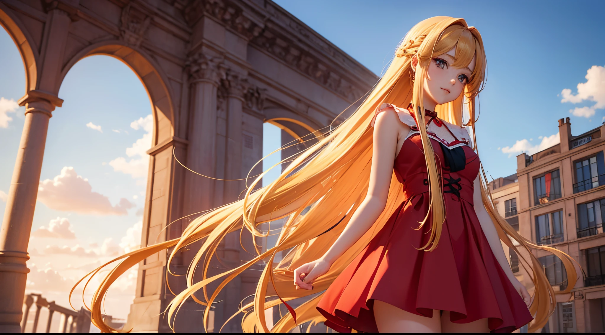 1woman with long hair wearing a red dress, no panties, realistic young anime girl, anime girl in real life, anime girl with long blonde hair, french braided hairstyle, cute natural anime face, realistic anime 3d style, beautiful anime girl, with cute - fine - face, beautiful anime portrait, beautiful woman, masterpiece, highest quality
