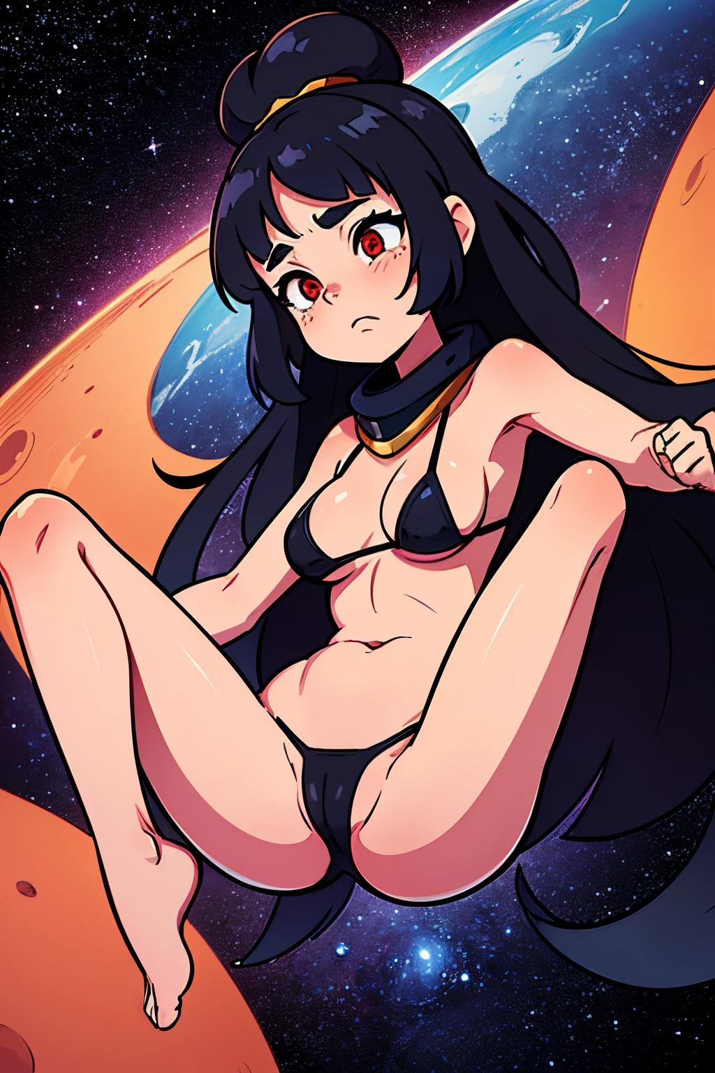 Space, endless and cold space, thousands of stars and galaxies, the Milky Way, stars, cosmic music, girl symbol of the planet Mars, queen of Mars super quality, super detail, Black bikini, Sad emotions,1girl,black hair,red eyes,no clothes,medium breasts,legs in the air, NSFW, sexy, fingering self