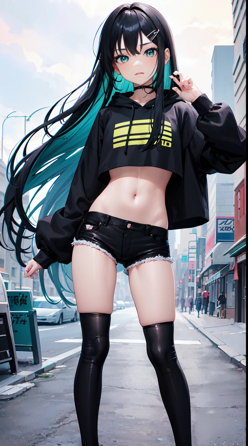 , 1girl, young girl, anime style, skinny body, Anime young girl wearing crop top black hoodie, skinny jeans pants, blue long hair with hair-clip, green eyes colour, pose picture of her cute pose, straight on street of towers, anime art wallpaper, detailed, 8k, high quality