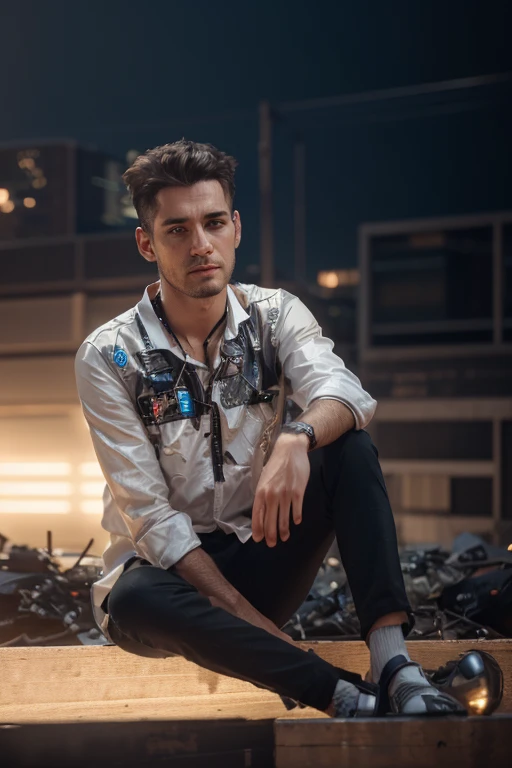 change thish model from to a doue background, profetional photography, cyberpunk, realistic face, handsome boy, ultra realistic, 8k v 4