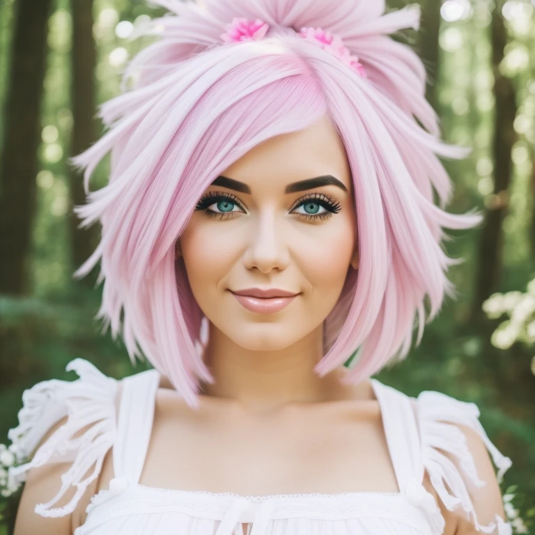 beautiful girl with pink and white hair, white dress, close-up, lots of details, forest in the background,