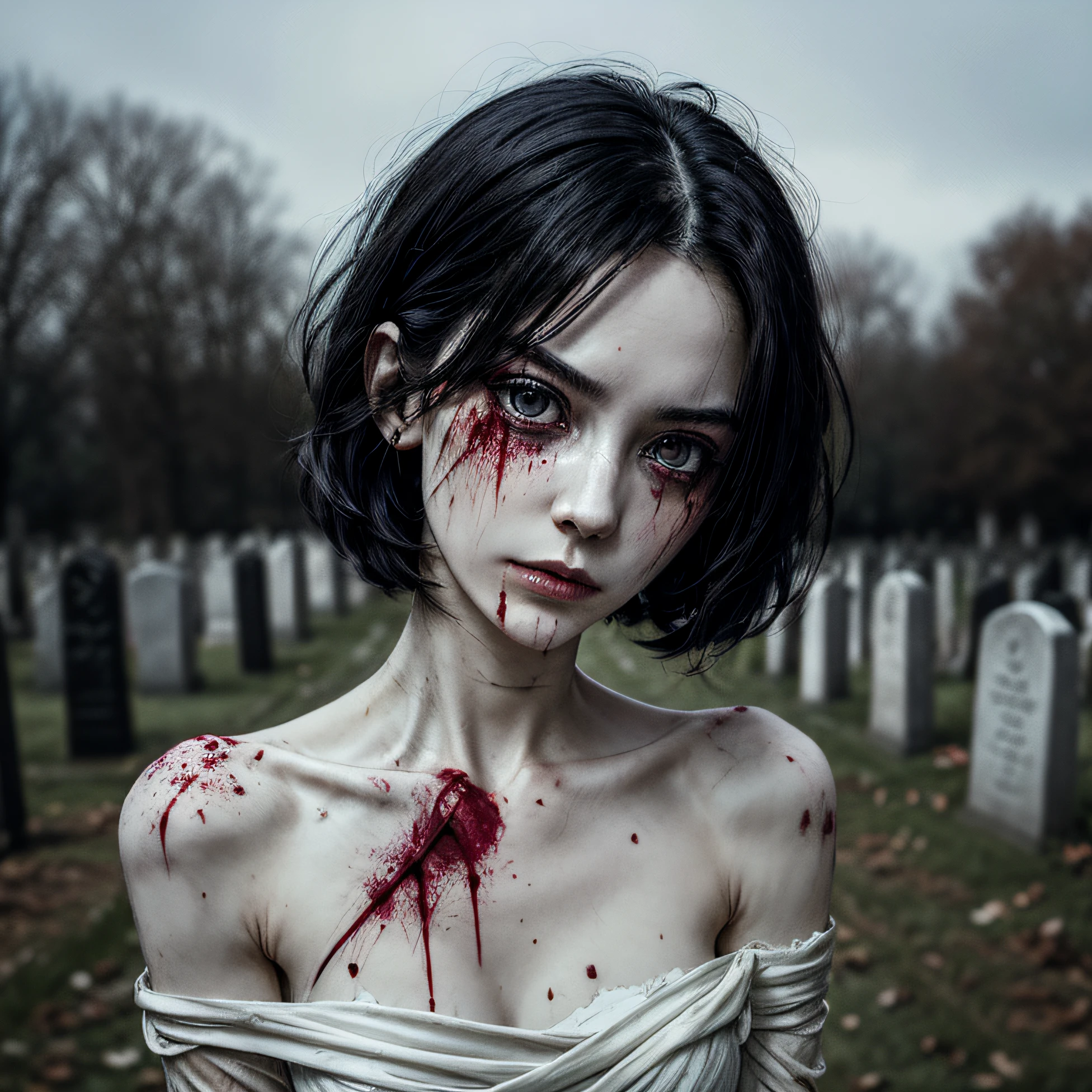 corpse, sinister, female, thin, pale, looking at the camera, ultra realistic, fully detailed, cemetery environment, bright eyes, white dress torn and stained with blood, bones exposed, putrid wounds, sensual, terrifying, bruised by the body, exposed fracture in the collarbone, slight smile, super detailed, black short hair, wounds, blood,