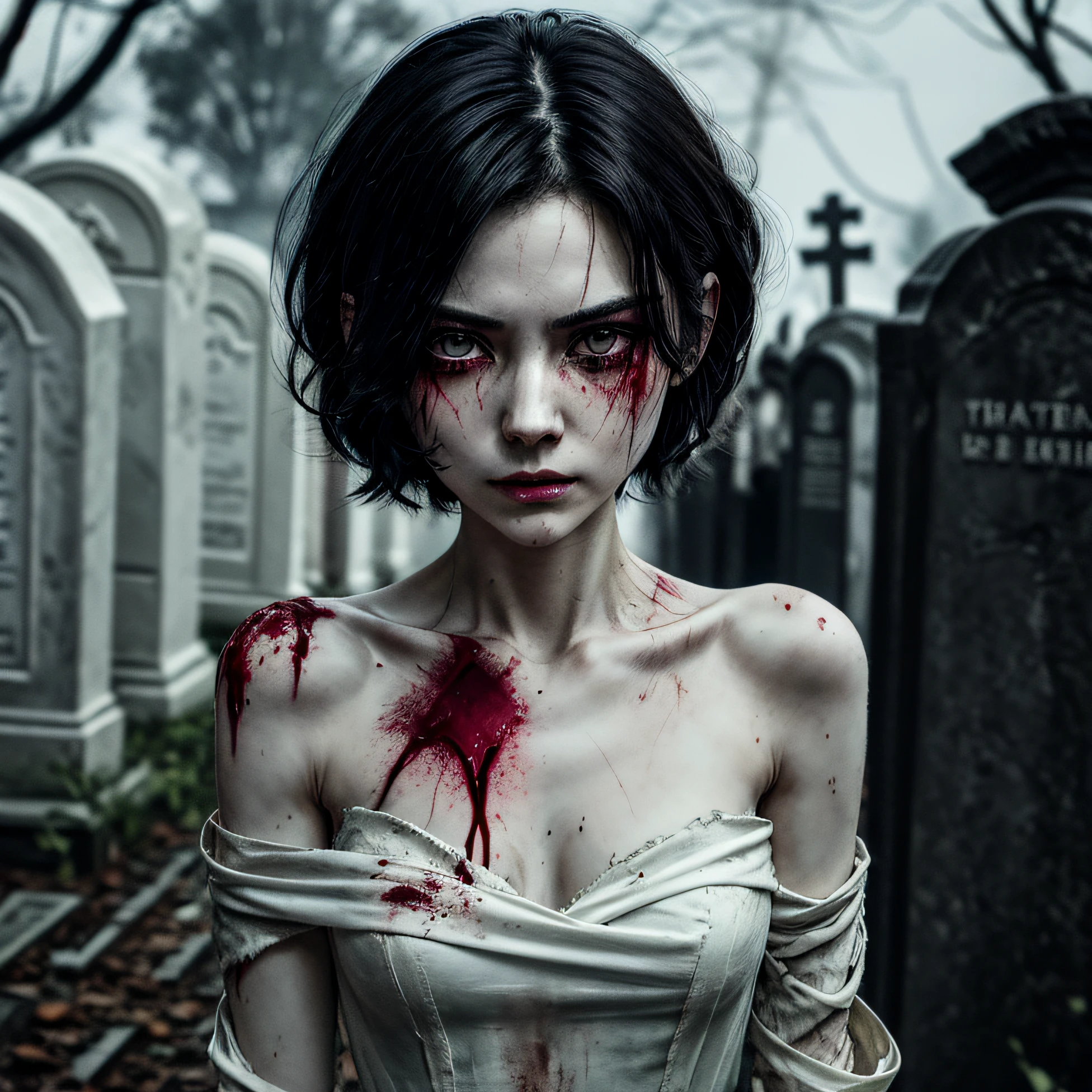 corpse, sinister, female, thin, pale, looking at the camera, ultra realistic, fully detailed, cemetery environment, bright eyes, white dress torn and stained with blood, bones exposed, putrid wounds, sensual, terrifying, bruised by the body, exposed fracture in the collarbone, slight smile, super detailed, black short hair, wounds, blood,