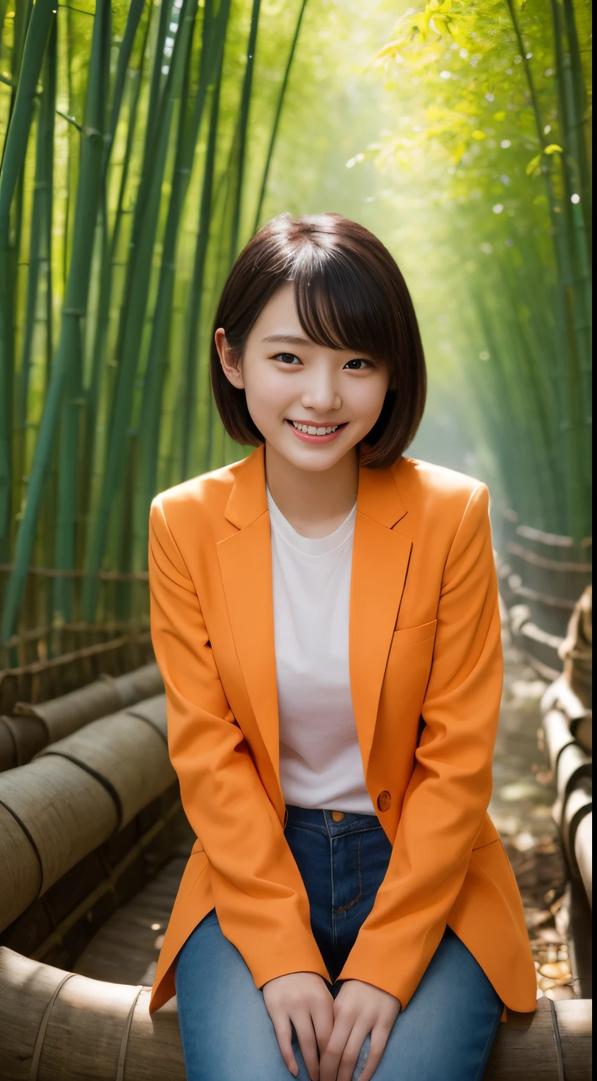 On a vibrant autumn afternoon,Figure 1 is from the highest quality 8K masterpiece.3,Shows a 19 year old girl。She is wearing an orange blazer and skinny jeans,Sitting quietly in the bamboo forest。Sunlight shines through mottled bamboo leaves,A layer of soft light and shadow enveloped her body。Her skin looks fairer in the sun,Contrast with orange blazer。 From this point of view,we can see the girl'of the whole body。She is slim and healthy,This sportswear suits her figure very well,show her energetic image。Her legs spread naturally,Cross your hands at your waist,appear confident and powerful。 That girl'The eyes are bright and determined,smiling and looking into the camera,It seems to be telling a story about struggle and hard work.。Her smile is like the autumn sunshine shining in the bamboo forest,Make people feel the vitality of youth and vitality of life。in this picture,We seem to feel her inner determination and love for life。 Surrounded by dense bamboo forest,Abundant greenery,The river is gurgling,Create dynamic scenes with girls。This scene is like a passionate poem,Telling about the beautiful time in autumn afternoon。