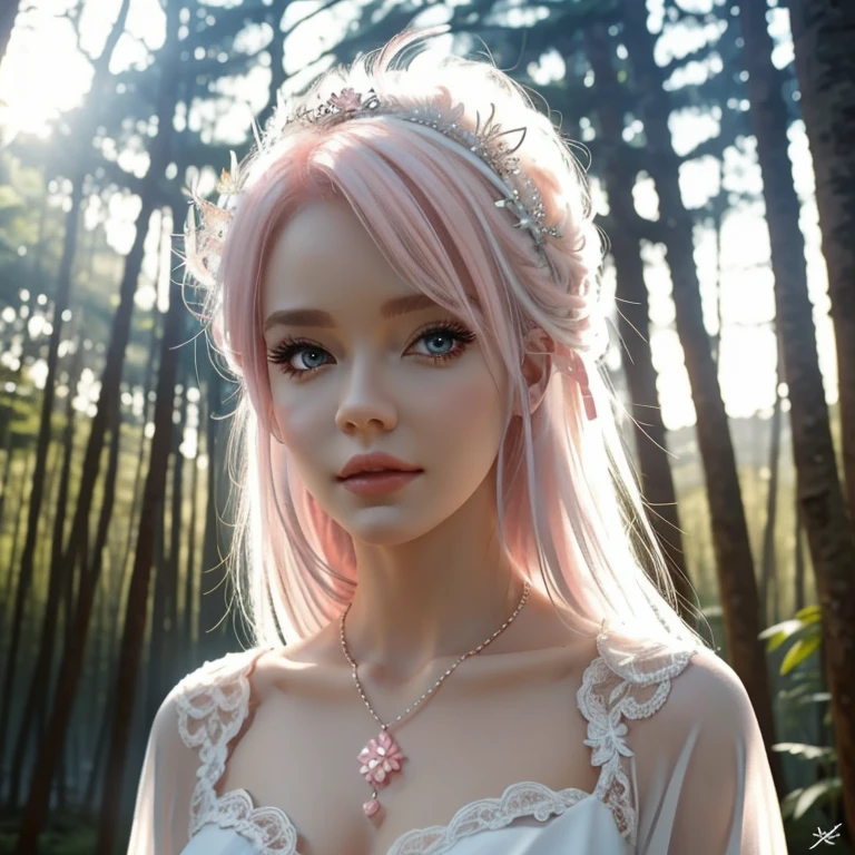 beautiful girl with pink and white hair, white dress, close-up, lots of details, forest in the background,