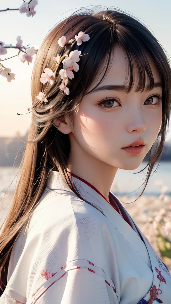 (A logo、masterpiece、8K、masutepiece、Raw photo、Fantastic、Best Quality、Photorealistic、extremely detailed CG unified 8k wallpaper、hightquality、ighly detailed、epic poem、Particle effect、Dynamic effects、depth of fields、Cinematic Light、Lens Flare、Ray tracing)、Fantasia、 (Beauty 1 person、White Japanese Clothing、Japanese dress、White cherry blossom pattern、White cherry blossom embroidery pattern、A dark-haired、Beautiful face、Real Face、Beautiful detail eyes、Beautiful skin)、Hair flutters in the wind、Hair jumps、Pink cherry blossom tree、Petals flutter、Sakura blizzard、Superb view、morning glow、Sun in the background、the wind、Deities、tusk、myth、Vast Land、