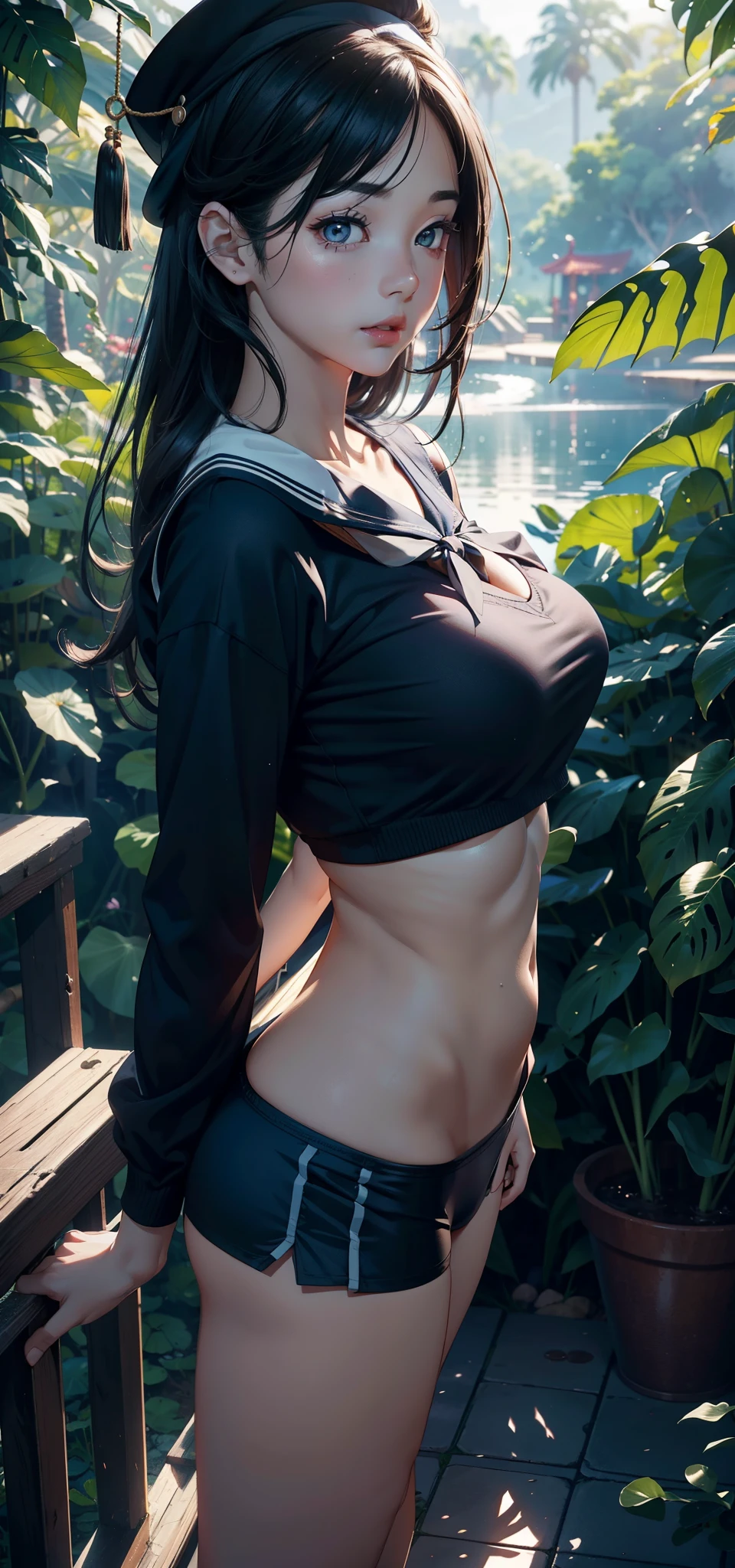 1人の女性，43 yeas old，熟妇，The chest is large，a little bit chubby， photo exposure， 独奏，（Background with：the rainforest，lotus flower，Ground area water）Stand deep in the forest， She has short black hair，Redlip，Nakeness girl，dynamicposes，seen from the front， hair straight， The sky is mostly cloudy，（（（tmasterpiece），（Very detailed CG unified 8k wallpaper），Best quality at best，电影灯光，detailed back ground，beautidful eyes，Bright pupils，（very delicate beautiful），（Beautiful and detailed eye descriptions）黑The eye，Redlip，ultra - detailed，tmasterpiece，）），facing at the camera，（Upper part of the body），A high resolution，ultra - detailed），revealing breasts，Bare genitals，overmany，Genital leakage，legs are open，sexyposture，Camel toes，elementary student（dressed in：Sailor's cap，nakeness，Blue sailor suit，black colored leggings） ，Bare lower body