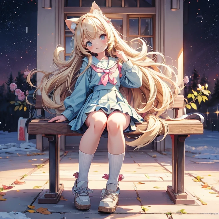 best quality, girl, (loli), kawaii, long hair, blonde hair, light smile, ((small breasts)), (pleated_skirt), looking back, sitting, seifuku, full body, cat ear, JS, junior school student