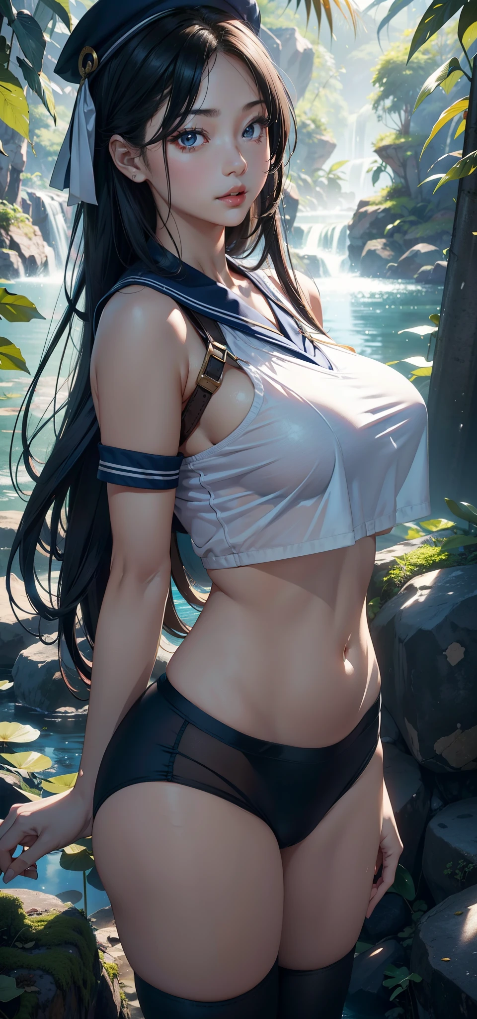 1人の女性,43 yeas old,熟妇,The chest is large,a little bit chubby, photo exposure, 独奏,(Background with:the rainforest,lotus flower,Ground area water)Stand deep in the forest, She has short black hair,Redlip,Nakeness girl,dynamicposes,seen from the front, hair straight, The sky is mostly cloudy,(((tmasterpiece),(Very detailed CG unified 8k wallpaper),Best quality at best,电影灯光,detailed back ground,beautidful eyes,Bright pupils,(very delicate beautiful),(Beautiful and detailed eye descriptions)黑The eye,Redlip,ultra - detailed,tmasterpiece,)),facing at the camera,(Upper part of the body),A high resolution,ultra - detailed),revealing breasts,Bare genitals,overmany,Genital leakage,legs are open,sexyposture,Camel toes,elementary student(dressed in:Sailor's cap,nakeness,Blue sailor suit,black colored leggings) ,Bare lower body