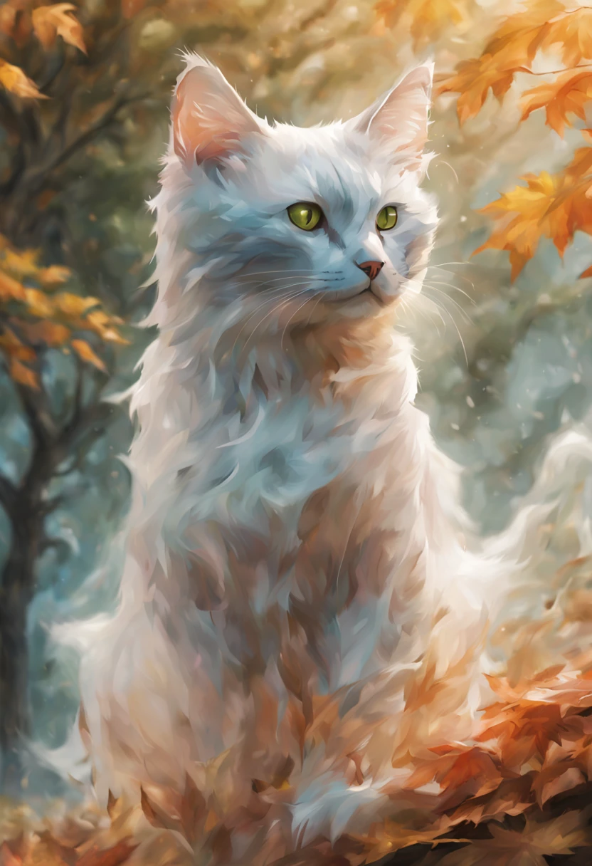 (((ghost cat ))) There is a cat sitting in leaves, anime cat, warrior cat fan art, realistic anime cat, cute detailed digital art, anime art wallpaper 4K, anime art wallpaper 4K, beautiful digital artwork, cute digital painting, 4K detailed digital art, 4K highly detailed digital art, very, very beautiful furry art, cute cat anime vision, picture color color rich some.