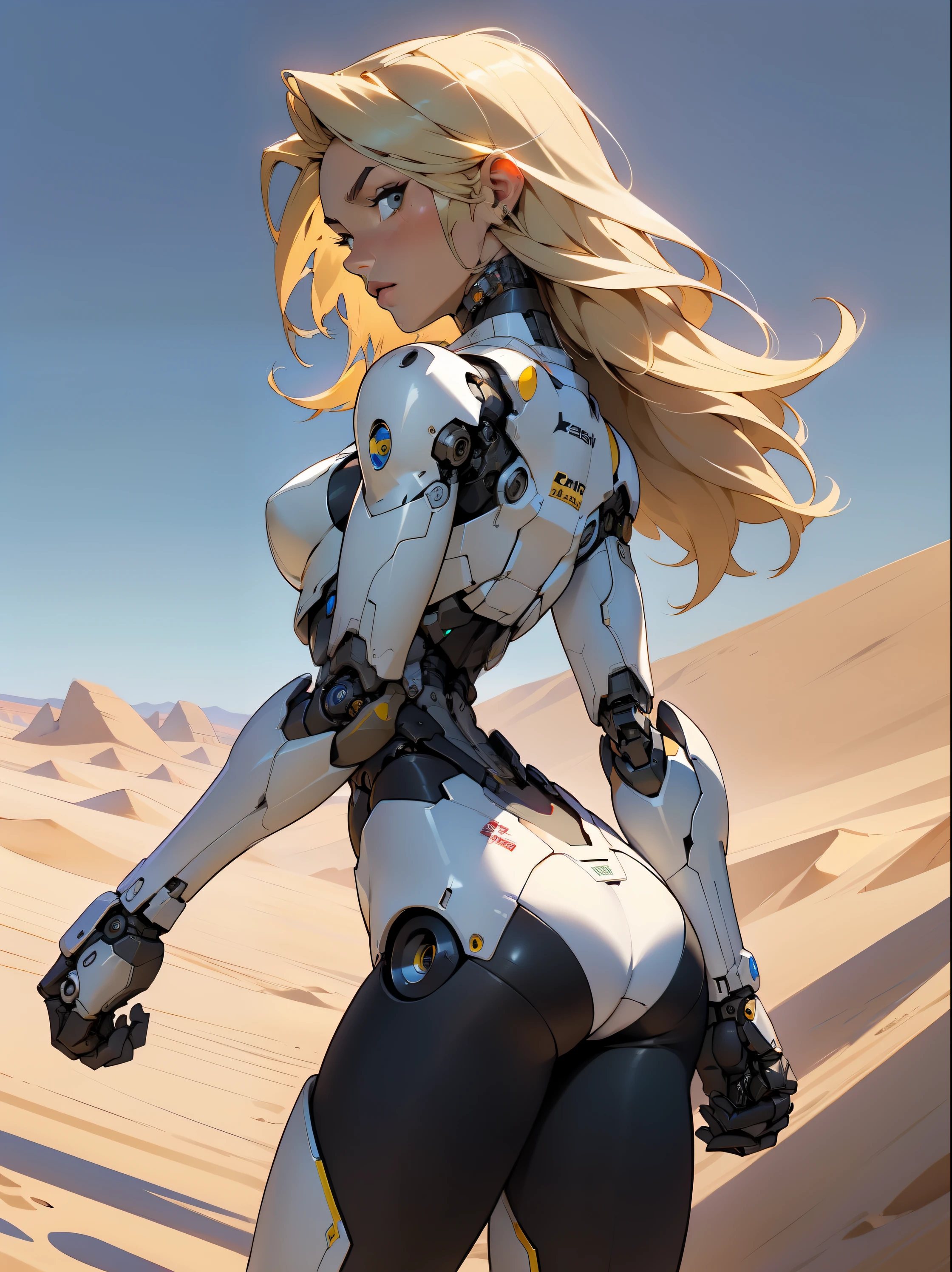 high quality, 4k, masterpiece, beautiful, cyborg girl, cowboy shot, dull eyes, back side, turning around to look at viewer, long blonde hair, girl, small breasts, fit thigh, robotic arms, robotic body, cyborg body, yellow accent, redaccent, intricate detail, joint, detailed lines, robotic detail, holding fist up, holding hand up as fist, color robotic parts, robotic parts with color, perfect fingers, on a desert planet, sunny background, colorful desert,