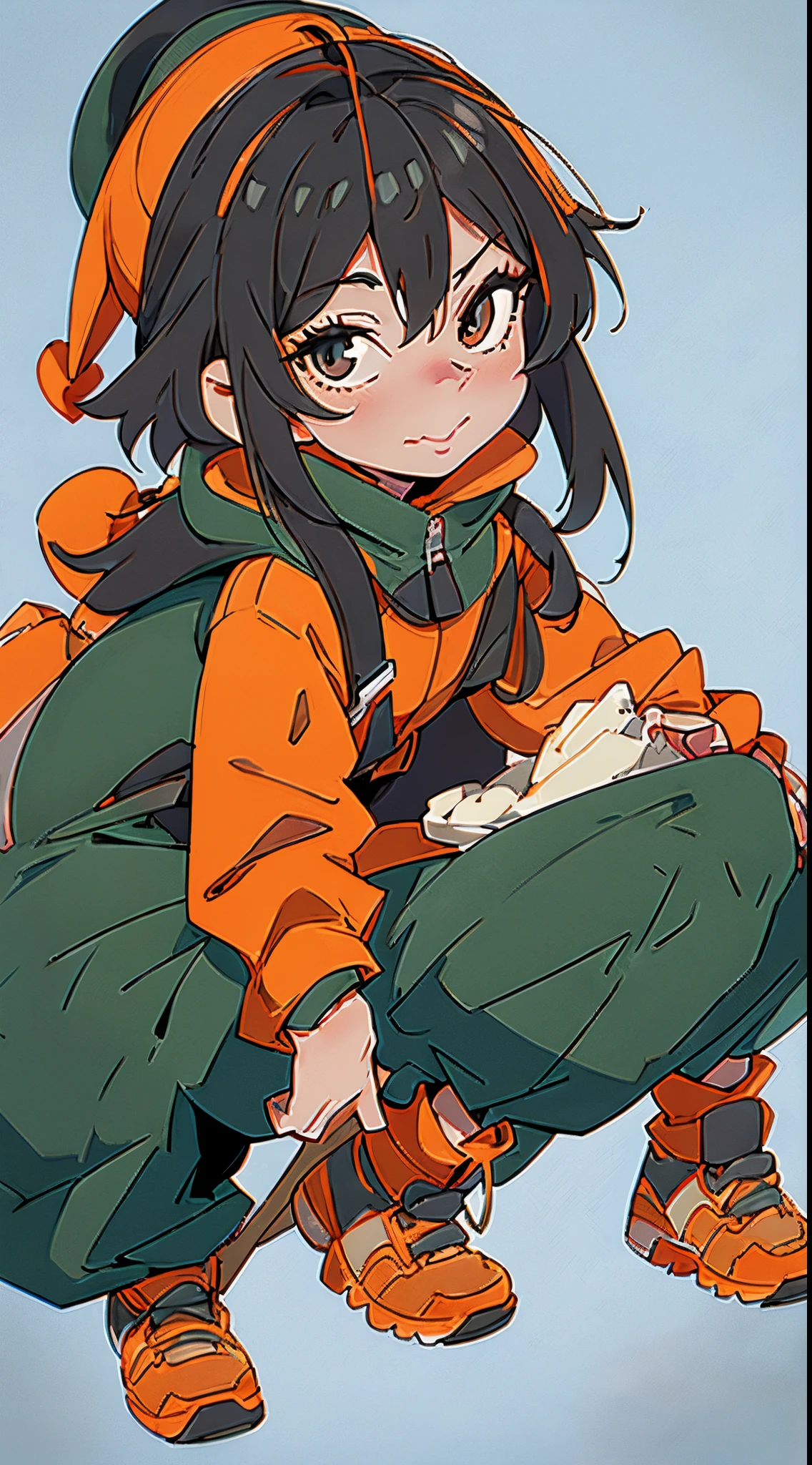 tanya, black hair with a Christmas hat, wearing a gray coat, with an orange hood, with a Christmas background, with snow and Christmas trees