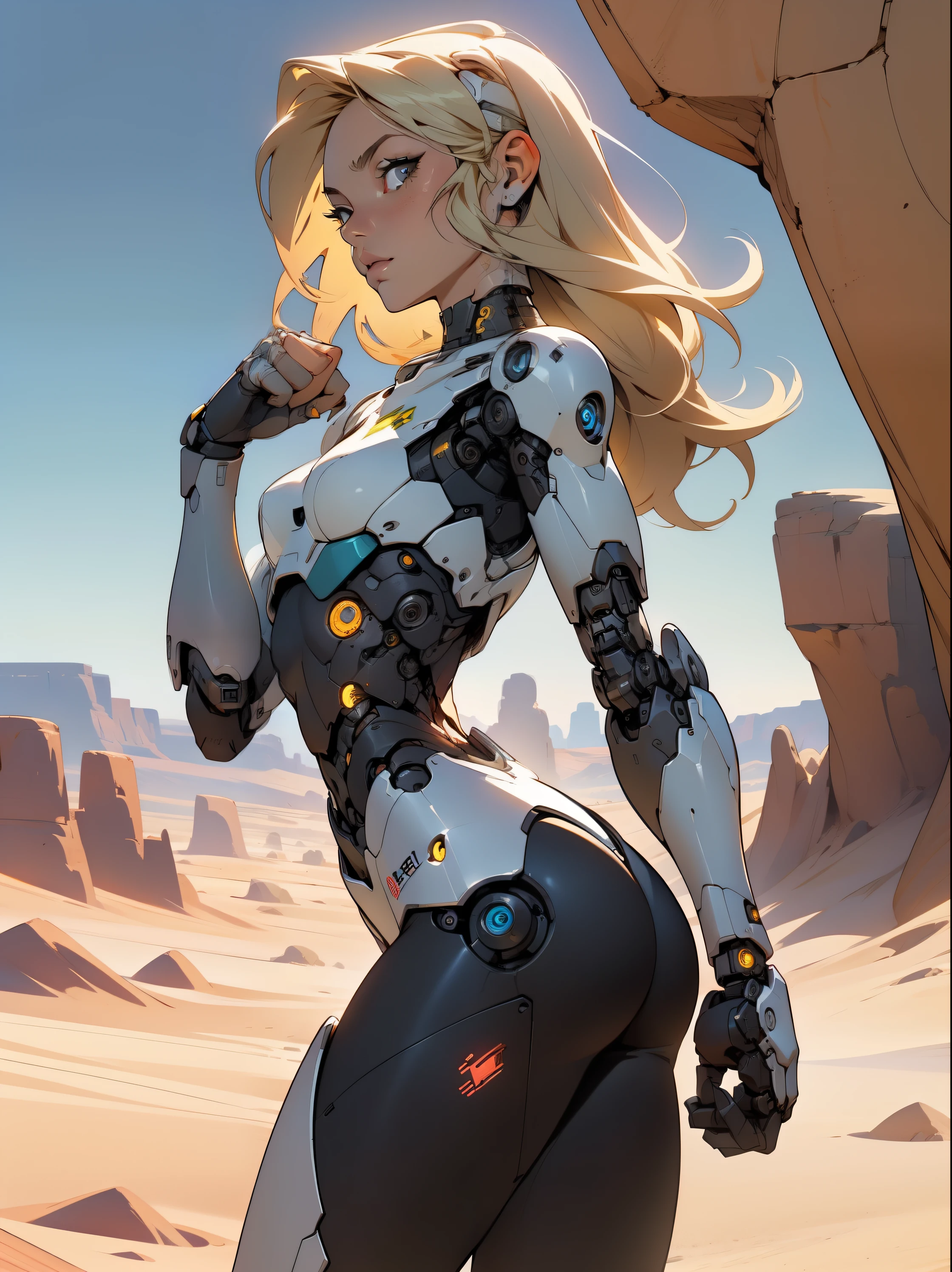 high quality, 4k, masterpiece, beautiful, cyborg girl, cowboy shot, dull eyes, back side, turning around to look at viewer, long blonde hair, girl, small breasts, fit thigh, robotic arms, robotic body, cyborg body, yellow accent, redaccent, intricate detail, joint, detailed lines, robotic detail, holding fist up, holding hand up as fist, color robotic parts, robotic parts with color, perfect fingers, on a desert planet, sunny background, colorful desert,