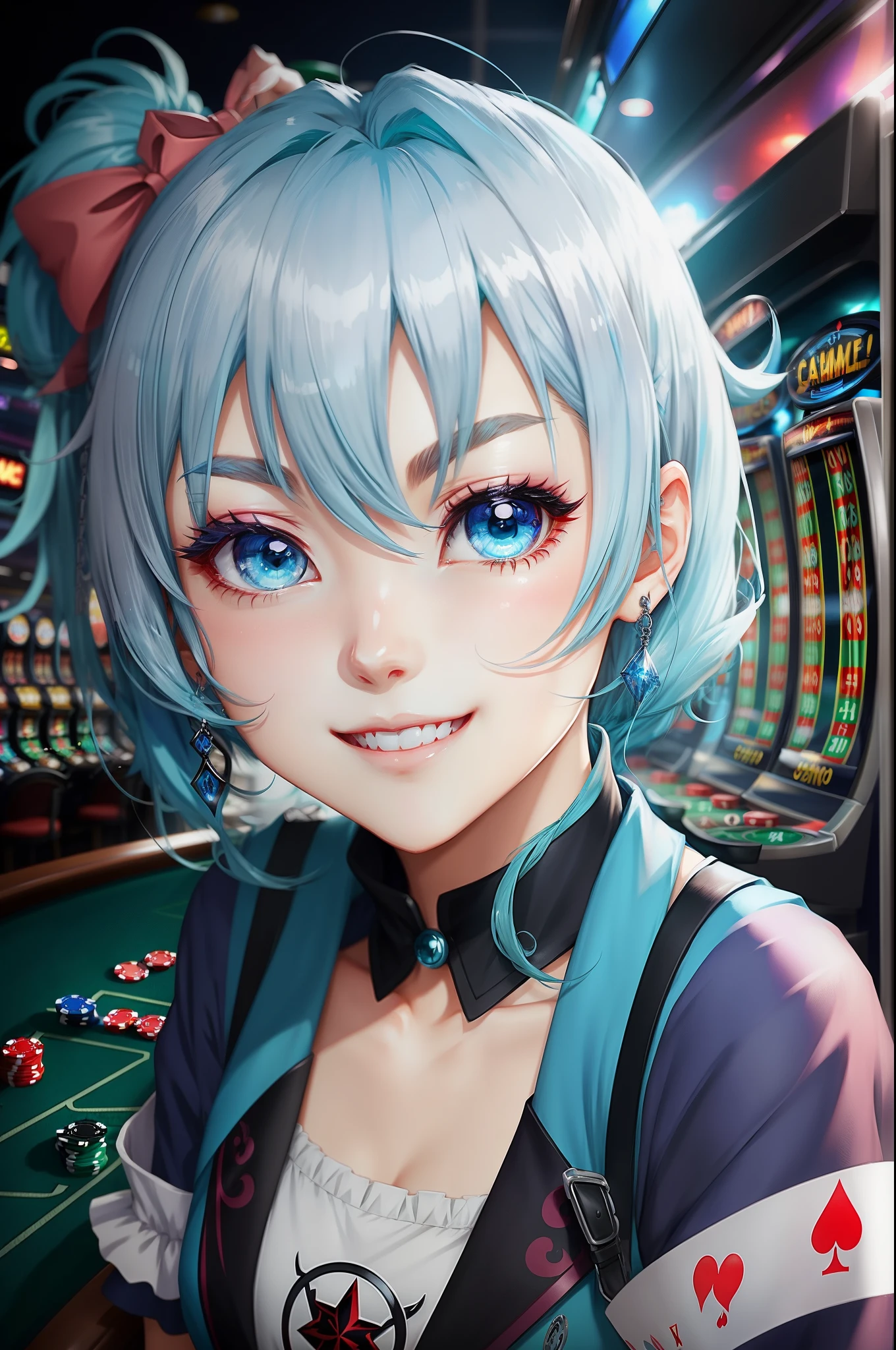 blue hairs、Blue eyes、prety woman、Twin-tailed、View here、A smile、Anime style、I like gambling、VIP
