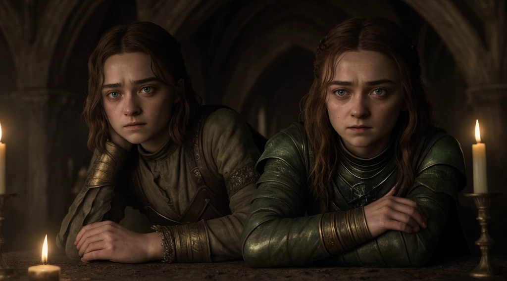 ​Arya Stark, masterpiece, ultra detailed, 8K, Raw photo, Realistic light, Cinematic composition, Realistic face, Realistic skin, full body shot, 18 years, mysterious and alluring sorceress, with honey hair and green eyes, conjuring spells in a dimly lit chamber, cute sexy,  pleasure, dramatic lighting