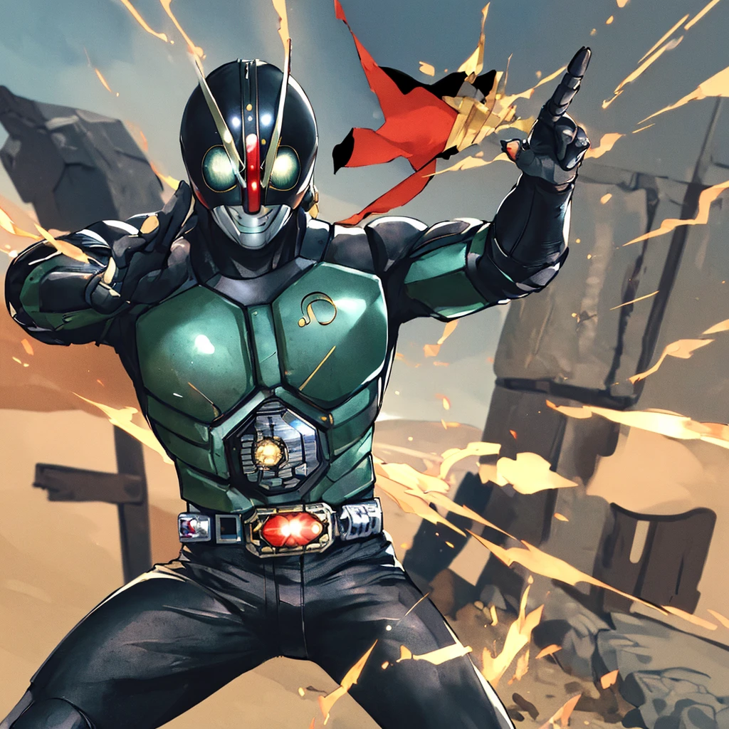 ((masterpiece,best quality)), absurdres, Kamen_Rider_Black_RX, solo, smiling, looking at viewer, cowboy shot, cinematic composition, dynamic pose, kick, final blow,