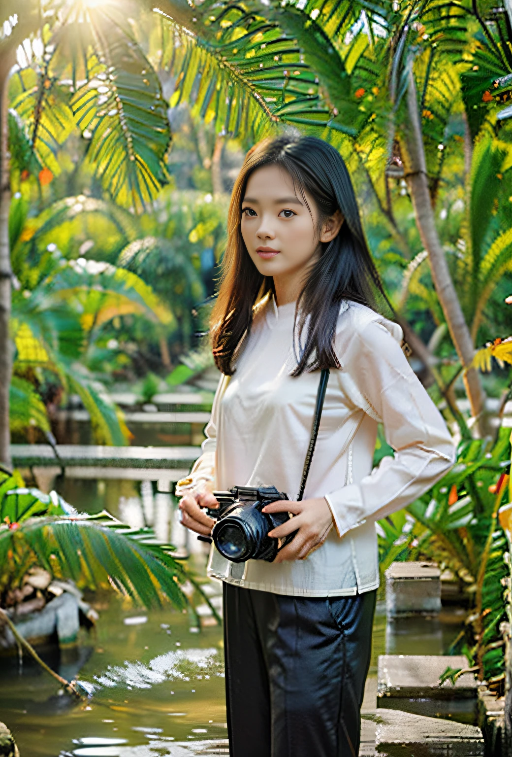 ((masterpiece), (best quality), (raw photo), (photorealistic:1.4), Highly realistic photo, Portrait of a 25 year old Vietnamese young woman, shirt, black hair, sunshines , Hand holding kodak film camera, black trouser pants, coconut leaf boat behind, photo taken in 1975 by Fujifilm XT3