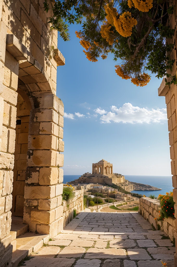 mediterranean landscape, Malta, ancient city on mountain, architecture Greek Middle Eastern, temple on top, white rocks, road to city, orange flowers