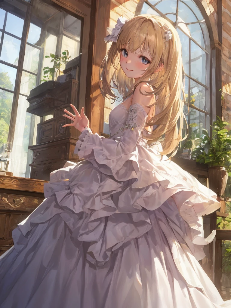 anime image newlywed wife、from the second story window、smiling and waving at me、she is very beautiful、Hair is straight long、a blond