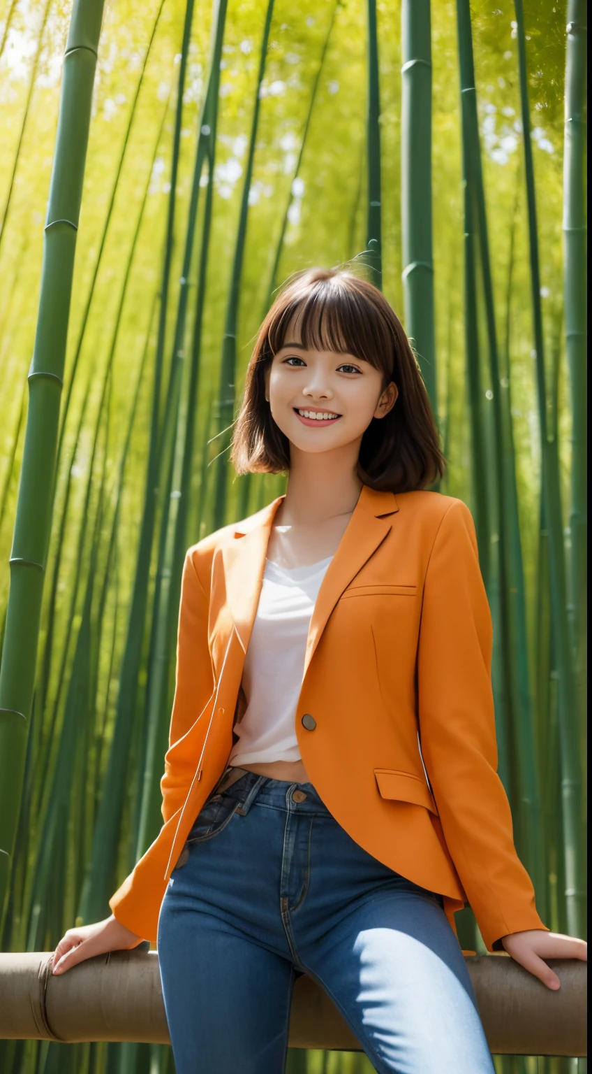 On a vibrant autumn afternoon，Figure 1 is from the highest quality 8K masterpiece.3，Shows a 19 year old girl。She is wearing an orange blazer and skinny jeans，Sitting quietly in the bamboo forest。Sunlight shines through mottled bamboo leaves，A layer of soft light and shadow enveloped her body。Her skin looks fairer in the sun，Contrast with orange blazer。 from this angle，we can see the girl&#39;of the whole body。She is slim and healthy，This sportswear suits her figure very well，show her energetic image。Her legs spread naturally，Cross your hands at your waist，appear confident and powerful。 That girl&#39;The eyes are bright and determined，smiling and looking into the camera，It seems to be telling a story about struggle and hard work.。Her smile is like the autumn sunshine shining in the bamboo forest，Make people feel the vitality of youth and vitality of life。in this picture，We seem to feel her inner determination and love for life。 Surrounded by dense bamboo forest，Abundant greenery，The river is gurgling，Create dynamic scenes with girls。This scene is like a passionate poem，Telling about the beautiful time in autumn afternoon。