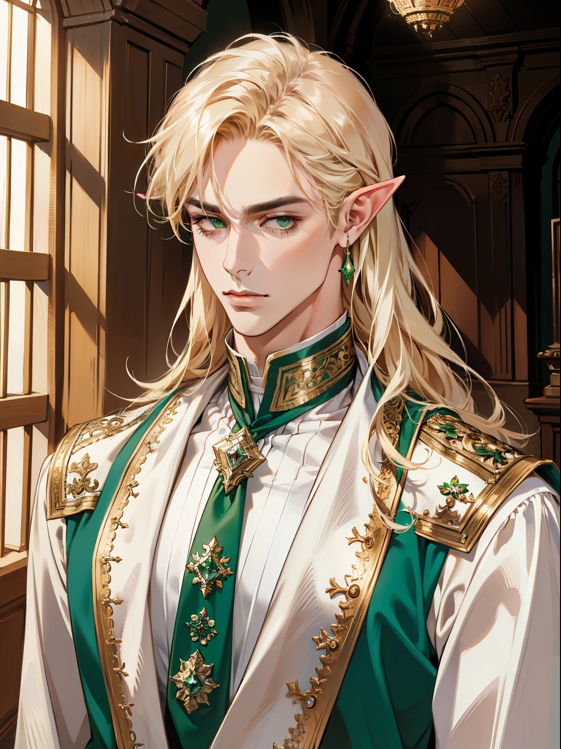 (Masterpiece, Best Quality:1.2), (absurd res, hight resolution, Ultra Detailed), 1 male, Adult, a handsome, tall muscular guy, wide shoulders, Portrait, looking a viewer, 独奏, half shot, Detailed background, Detailed Face, high fantasy, look at the camera, perfect detailed face, perfect detailed hands, Elven Bard, light golden hair, emerald green eyes, pointed ears, elf, Silk clothing, elegant