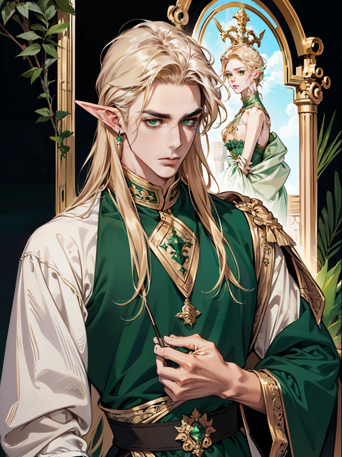 (Masterpiece, Best Quality:1.2), (absurd res, hight resolution, Ultra Detailed), 1 male, Adult, a handsome, tall muscular guy, wide shoulders, Portrait, looking a viewer, 独奏, half shot, Detailed background, Detailed Face, high fantasy, look at the camera, perfect detailed face, perfect detailed hands, Elven Bard, light golden hair, emerald green eyes, pointed ears, elf, Silk clothing, elegant
