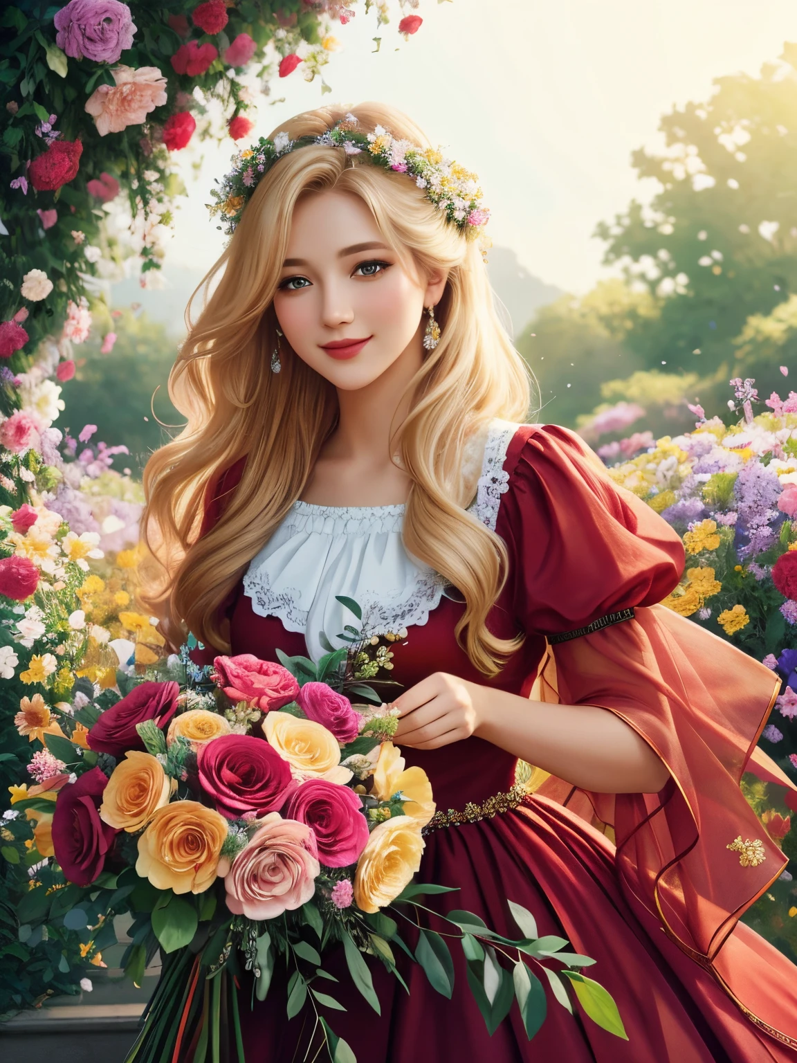 (best quality, 4k,8k, high resolution, masterpiece: 1.2), romantic light, beautiful detailed girl with a bouquet of flowers, (red dress), blonde hair, perfect detail of face and hands, ultra detail, digital art trends on artstation, soft and elegant colors, delicate shadows, delicate flower arrangement, graceful pose, vibrant atmosphere, fine art, beautiful background scenery, happy and cheerful expression, sparkling atmosphere, realistic flowers in vibrant colors, perfectly mixed colors, gorgeous lighting, glamorous appearance , sunny garden, masterful brushwork, unearthly beauty, exquisite details of clothing, dreamy atmosphere, unforgettable composition.