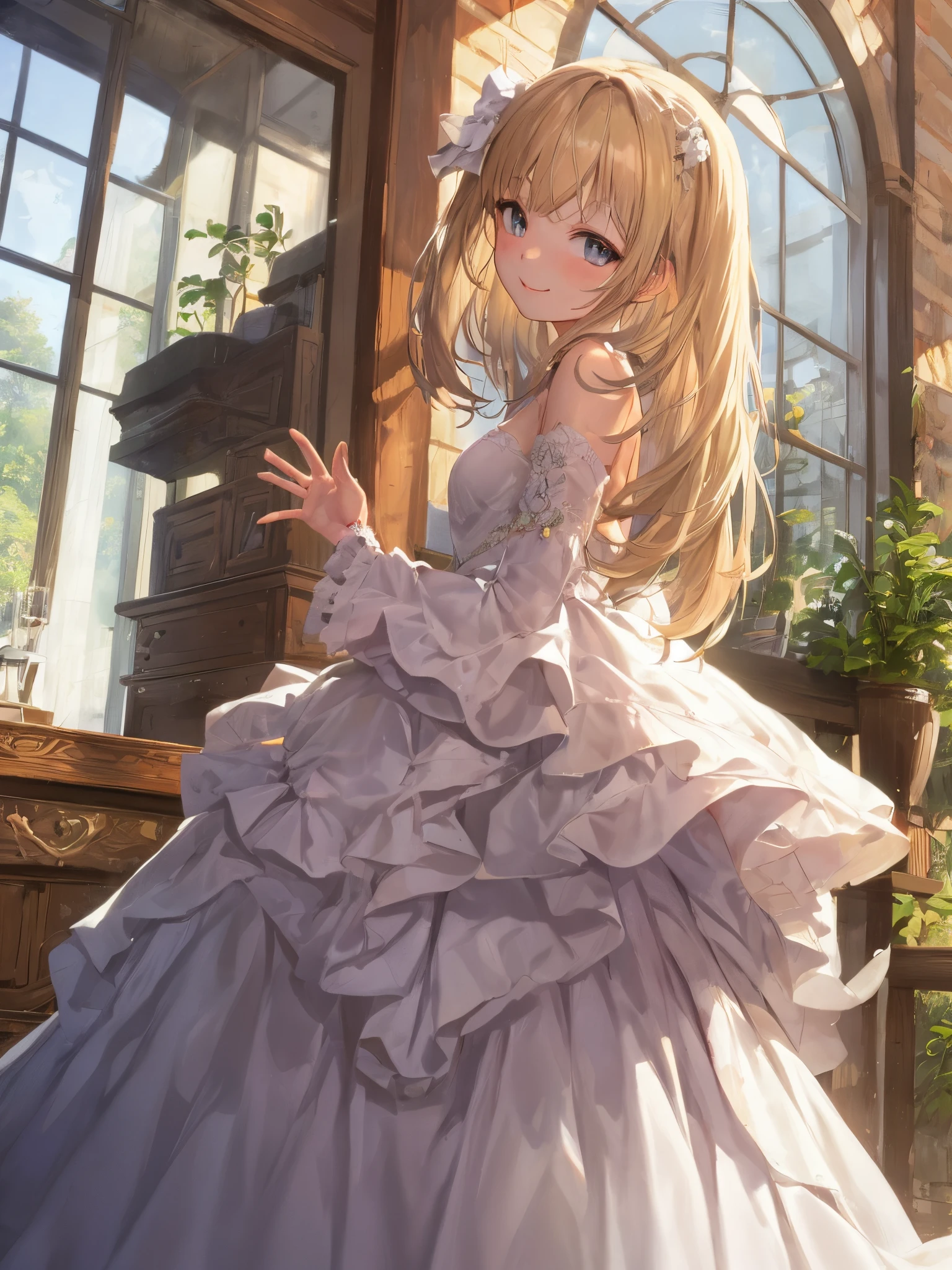 anime image newlywed wife、from the second story window、smiling and waving at me、she is very beautiful、Hair is straight long、a blond