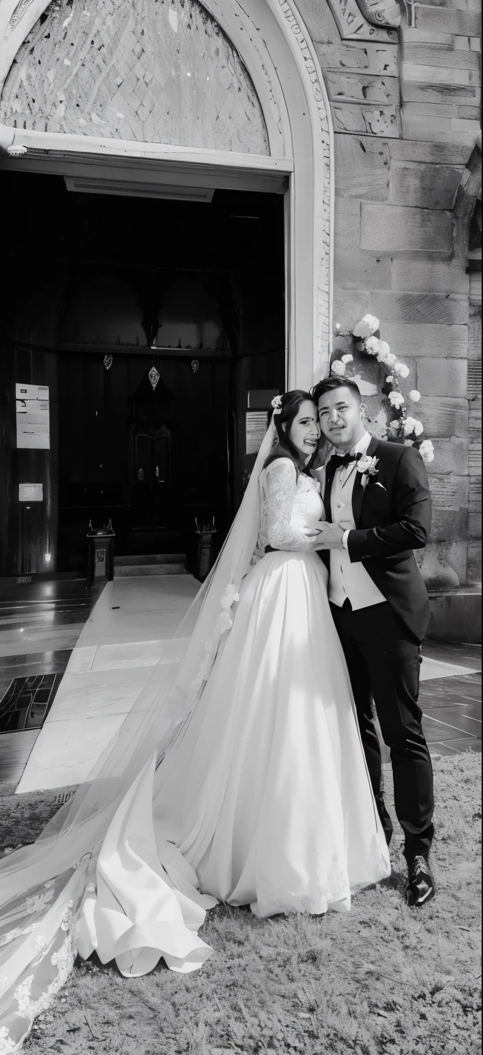 a black and white photo of a bride and groom outside a church, instagram photo, 🤬 🤮 💕 🎀, by Leila Faithfull, jacqueline e, wedding, by Silvia Pelissero, by Mirabello Cavalori, 📷 mungojerrie and rumpleteazer, by Márta Lacza, instagram picture, high details