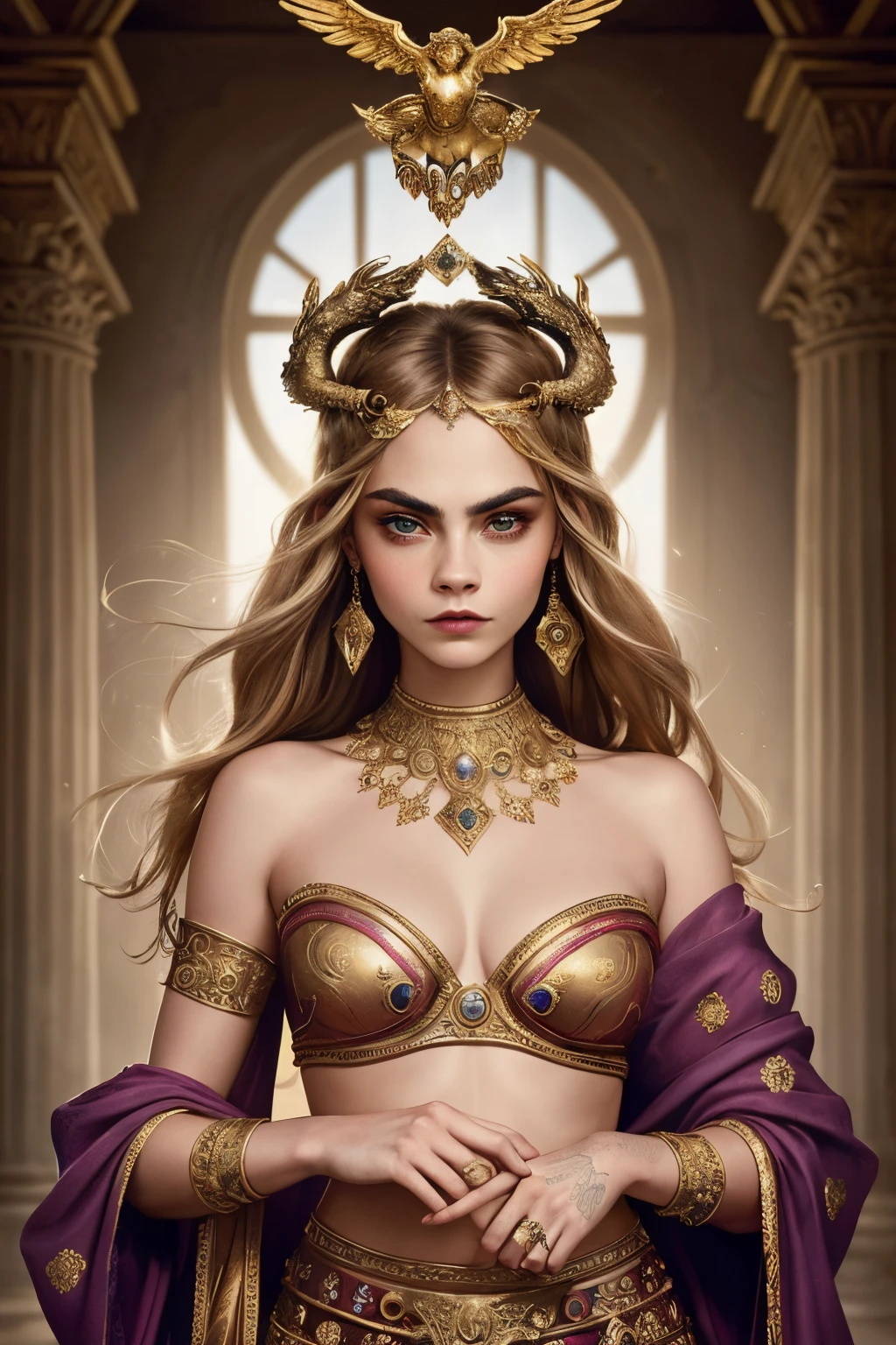 "Generate an AI-powered artwork that envisions Cara Delevingne as a mythical figure from ancient mythology. Picture her as a captivating deity or legendary being, adorned in mythical attire that seamlessly blends classical aesthetics with modern flair. Envision symbols and motifs that reflect the essence of her personality and the realms of mythology. Set the scene against a mythical backdrop, incorporating elements of magic and enchantment. Capture the grace and strength of this mythological incarnation of Cara Delevingne, using a color palette inspired by both classical mythology and contemporary elegance. The final image should be a visually striking fusion of ancient myth and modern allure, celebrating Cara Delevingne as a mythical presence."