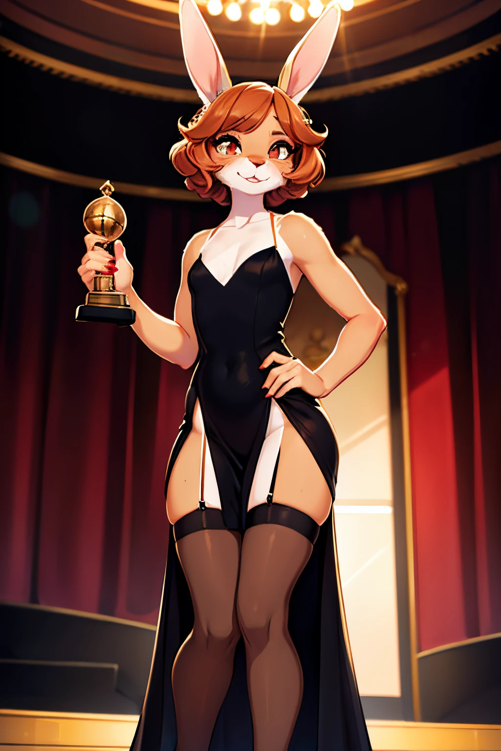 (best quality), 8k, masterpiece, perfect hands, 
BREAK,
Rabbit girl, copper hair, perfect face, laughing, (curly bob hair), (tan:1.5), (tan-lines:1.3), (red lipstick), black eyeliner, long lashes, golden eyeshadow,
BREAK, 
furry ears, collarbone, ((flat-chested)), 
BREAK,
(((Classic elegant black gown with a floor-length silhouette))), adorned with sequins, (featuring a dramatic train for a timeless Hollywood glamour), 
BREAK,
(Thigh-high stockings featuring playful polka dots), held up by a vintage-style suspender belt, adding a touch of whimsy to the outfit, stiletto heels, 
BREAK,
(((Standing on stage))), ((holding a prestigious award)), delivering a heartfelt eloquent acceptance speech in front of a captivated audience,