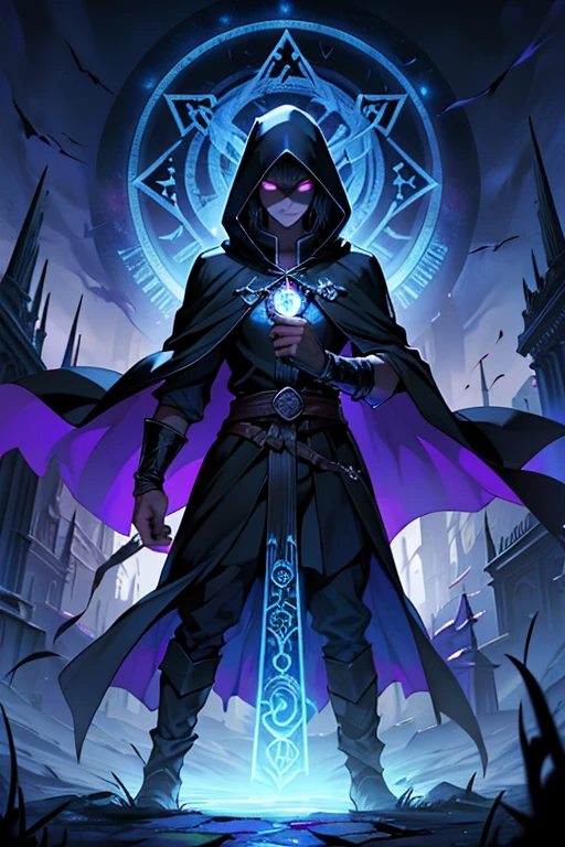 ShadowMagus is a mysterious magician shrouded in darkness, Hooded cloak embellished with mystical runes. their masks, Engraved with arcane marks, covering most of their faces, Have perforations, glowing eyes through. lewd poses: cast a spell, One arm up,Fingers outstretched, A dark aura swirls around.