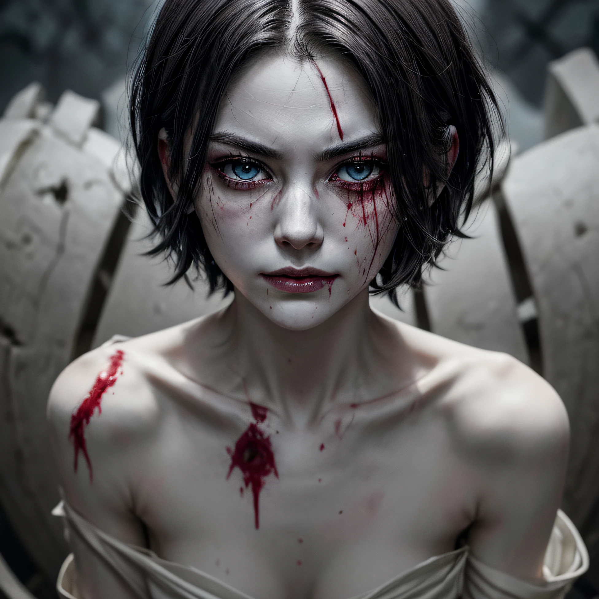corpse, sinister, female, thin, pale, looking at the camera, ultra realistic, fully detailed, cemetery environment, bright eyes, white dress torn and stained with blood, bones exposed, putrid wounds, sensual, terrifying, bruised by the body, exposed fracture in the collarbone, slight smile, super detailed, gray short hair, wounds, blood,