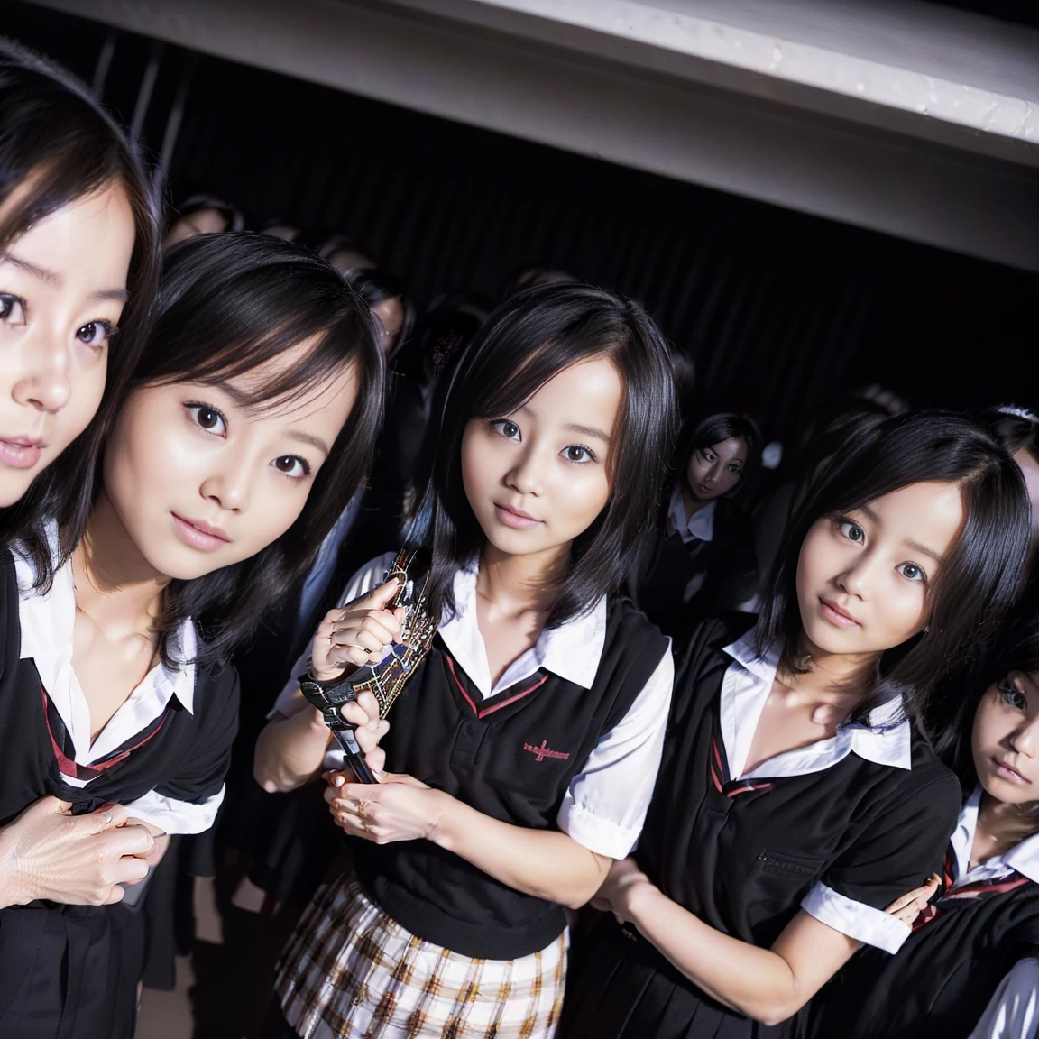 a picture、(((multiple girls))),((((6+girls)))),((((100girls)))),(((1000girls)))、((((100 Girls))))、(((crowd shot))),Women only、The same face、School Uniform、、Long black hair、100 cute girls、ssmile、Selfie stick、Classroom、Raw photo、(((Large group)))、a junior high school student