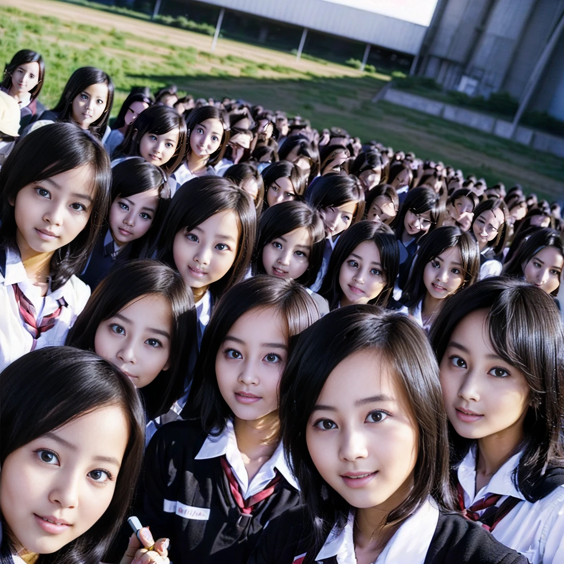 a picture、(((multiple girls))),((((6+girls)))),((((100girls)))),(((1000girls)))、((((100 Girls))))、(((crowd shot))),Women only、The same face、School Uniform、************、Long black hair、100 cute girls、ssmile、Selfie stick、‎Classroom、Raw photo、(((Large group)))、a junior high school student