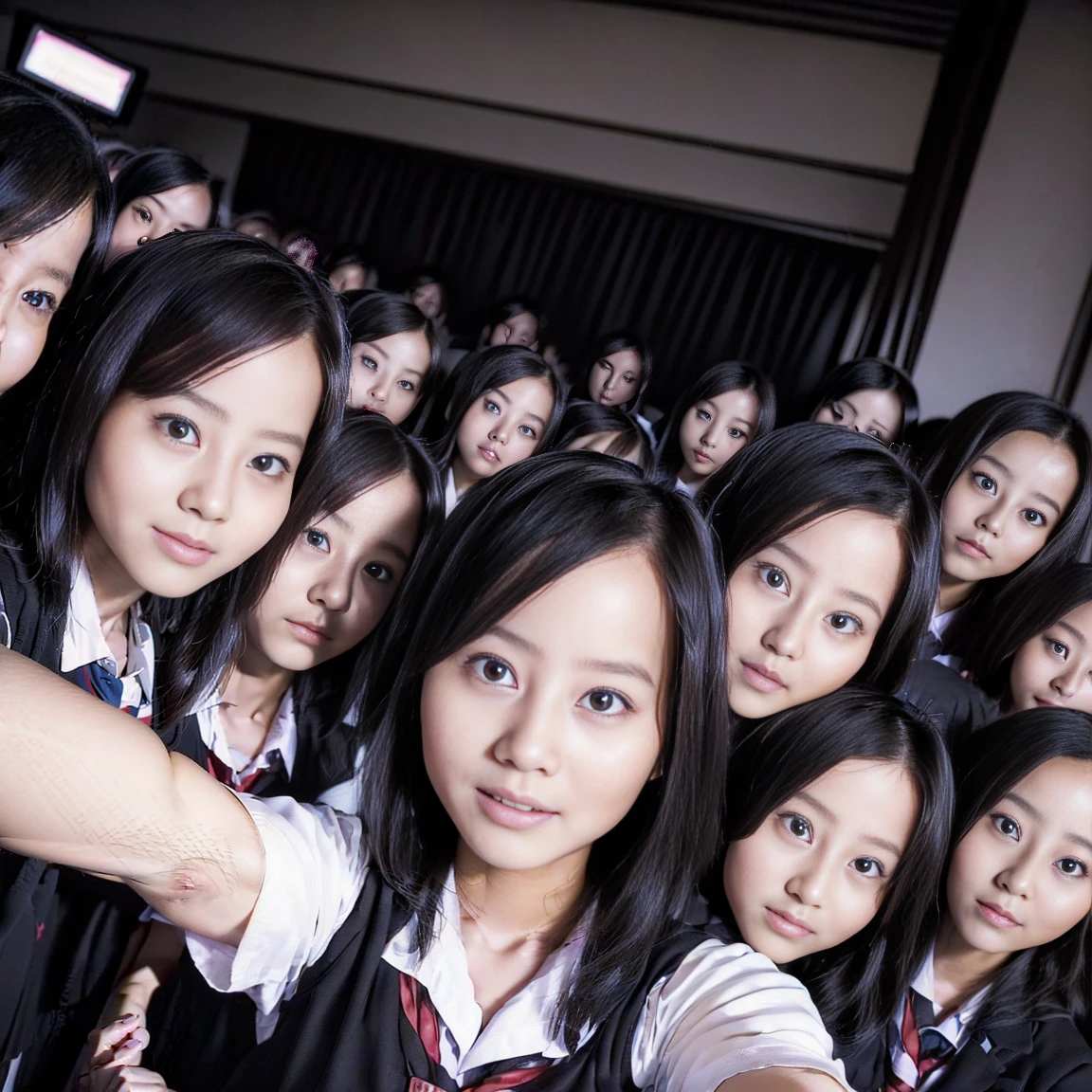 a picture、(((multiple girls))),((((6+girls)))),((((100girls)))),(((1000girls)))、((((100 Girls))))、(((crowd shot))),Women only、The same face、School Uniform、************、Long black hair、100 cute girls、ssmile、Selfie stick、‎Classroom、Raw photo、(((Large group)))、a junior high school student