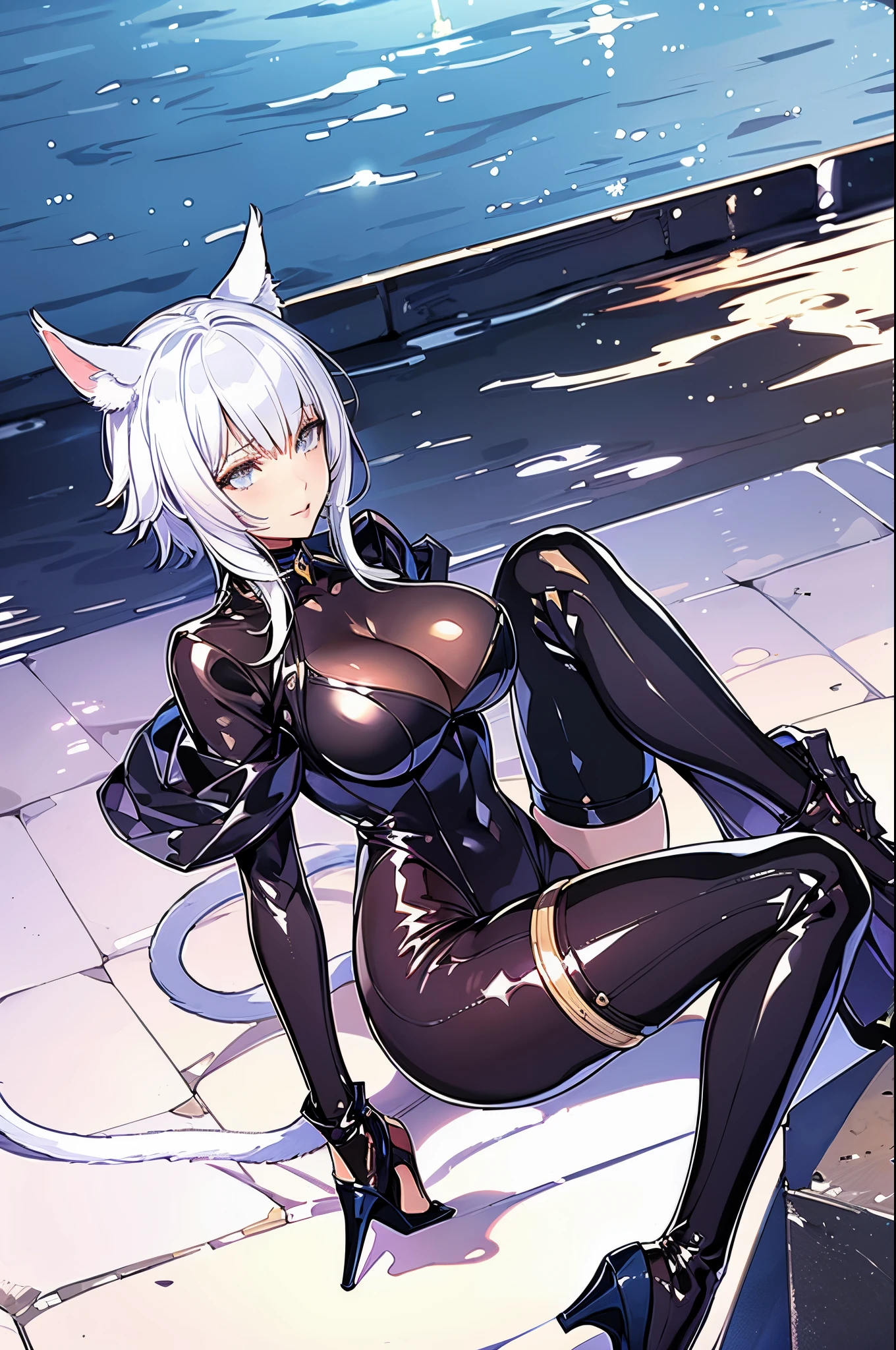 Latex bodysuit, huge breasts, big hips, high heels, white hair, gray eyes, cat ears, cat tail, Y'shtola Rhul, Final Fantasy XIV, full body