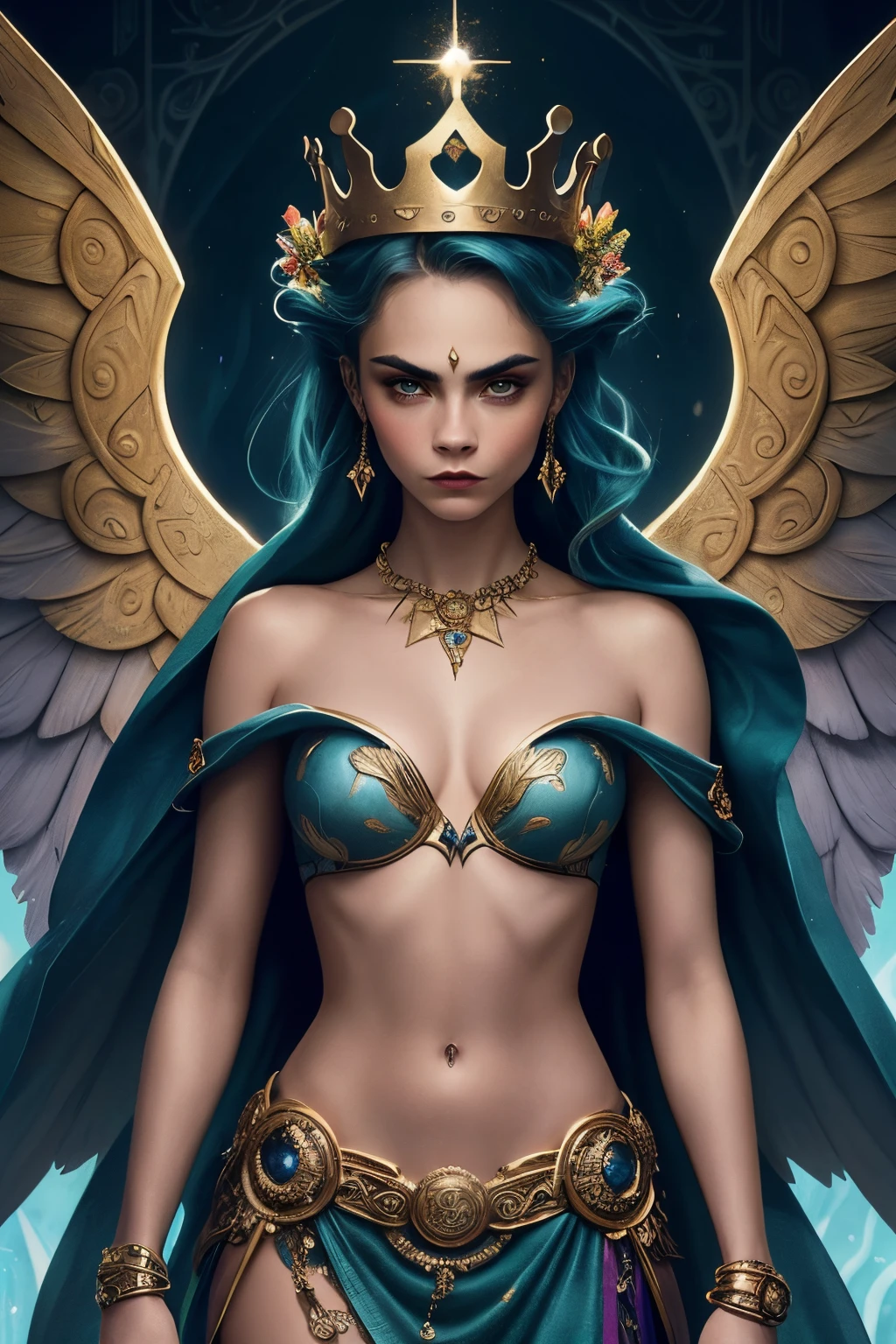 "Generate an AI-powered artwork that envisions Cara Delevingne as a mythical figure, weaving together elements from various mythologies. Picture her in a fantastical setting, surrounded by symbols and artifacts representing different myths and legends. Incorporate ethereal elements such as wings, crowns, or mythical creatures to enhance the mythical aura. Capture the essence of Cara's strength and grace as she embodies a modern-day mythological character. Use a rich and symbolic color palette to convey the depth and complexity of this mythical persona. The final image should be a captivating blend of Cara Delevingne's allure and the timeless mystique of mythology."