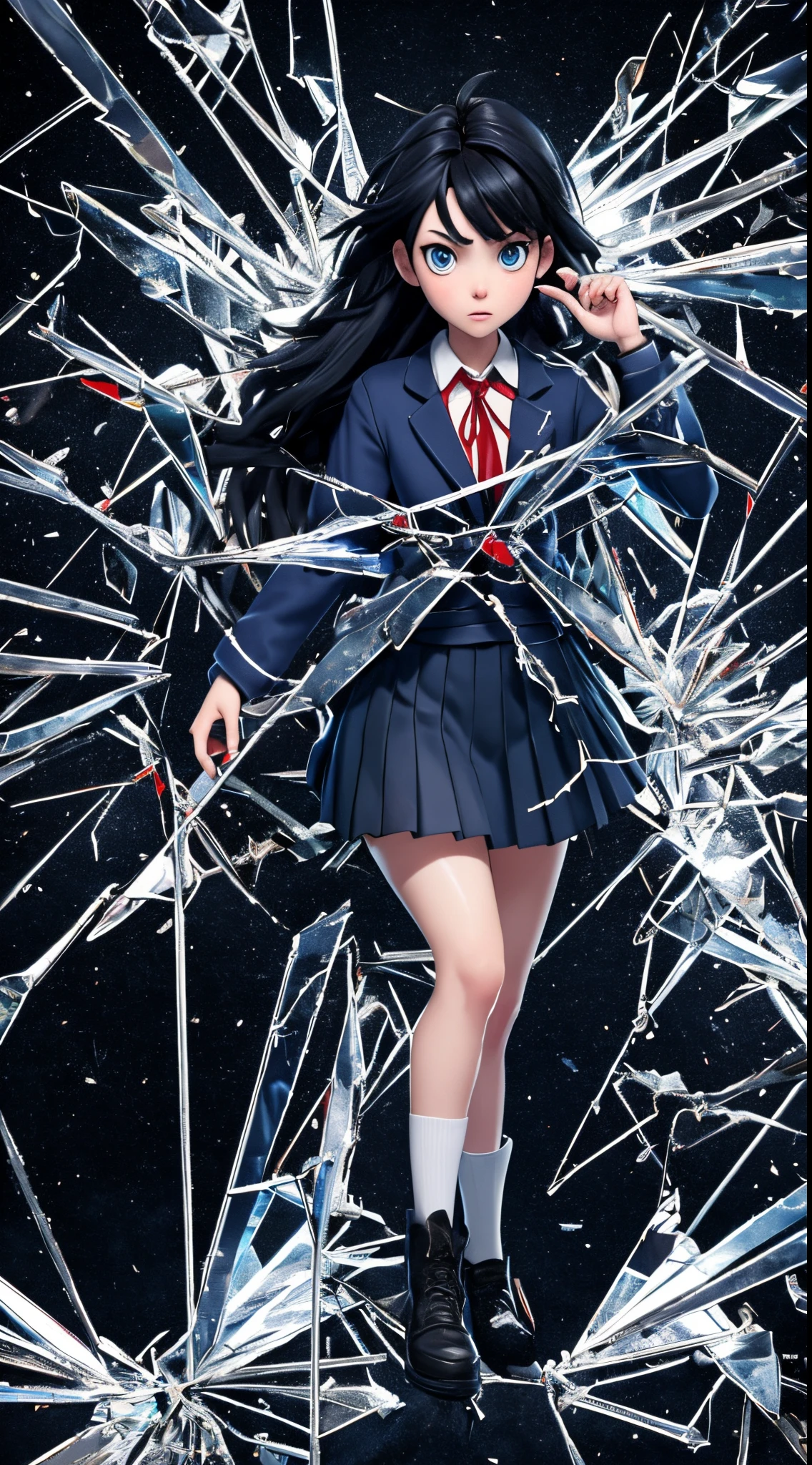 anime, black hair,  Schoolgirl girl, blue jacket, blue eyes, darkblue skirt, red ribbon around the neck, full height, Full-length girl, beste-Qualit, Broken glass, shattered glass, glass broken into pieces