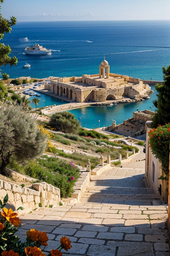 mediterranean landscape, Malta, city on tall mountain, architecture Greek Middle Eastern, temple on top, white rocks, road to city, orange flowers