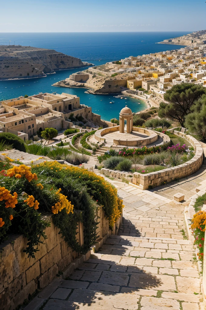 mediterranean landscape, Malta, city on tall mountain, architecture Greek Middle Eastern, temple on top, white rocks, road to city, orange flowers