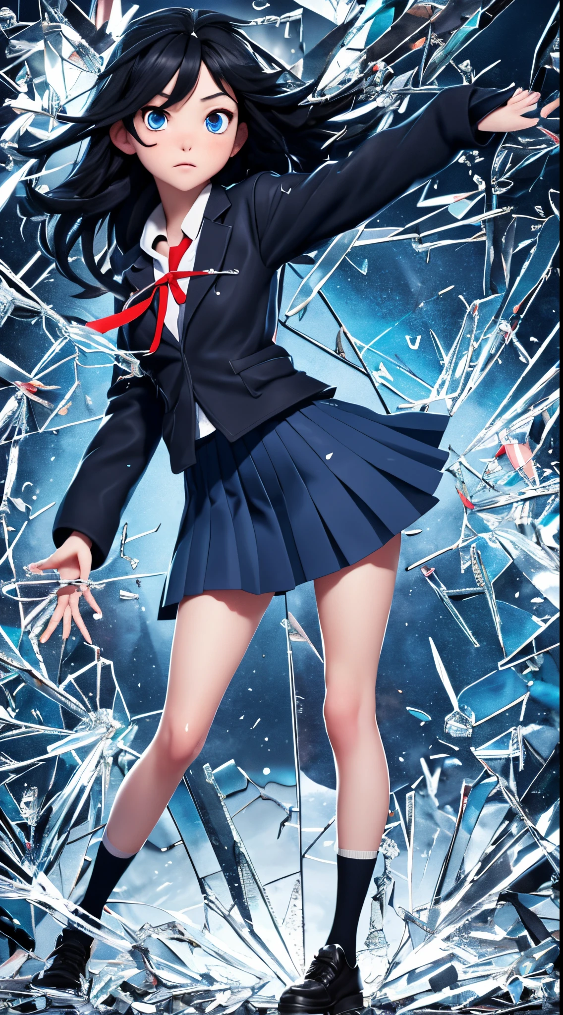 anime, black hair,  Schoolgirl girl, blue jacket, blue eyes, darkblue skirt, red ribbon around the neck, full height, Full-length girl, beste-Qualit, Broken glass, shattered glass, glass broken into pieces